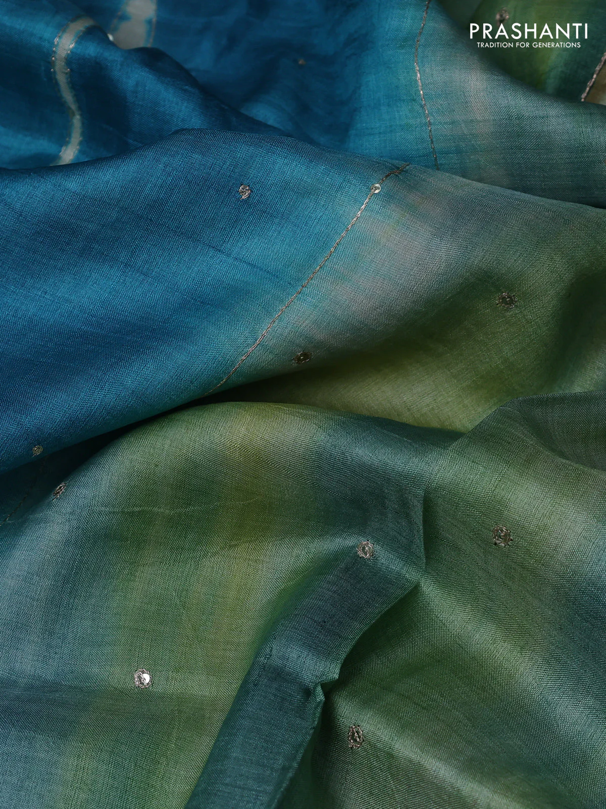 Pure tussar silk saree teal blue and green shade with tie & dye prints and pita work pallu - Image 3