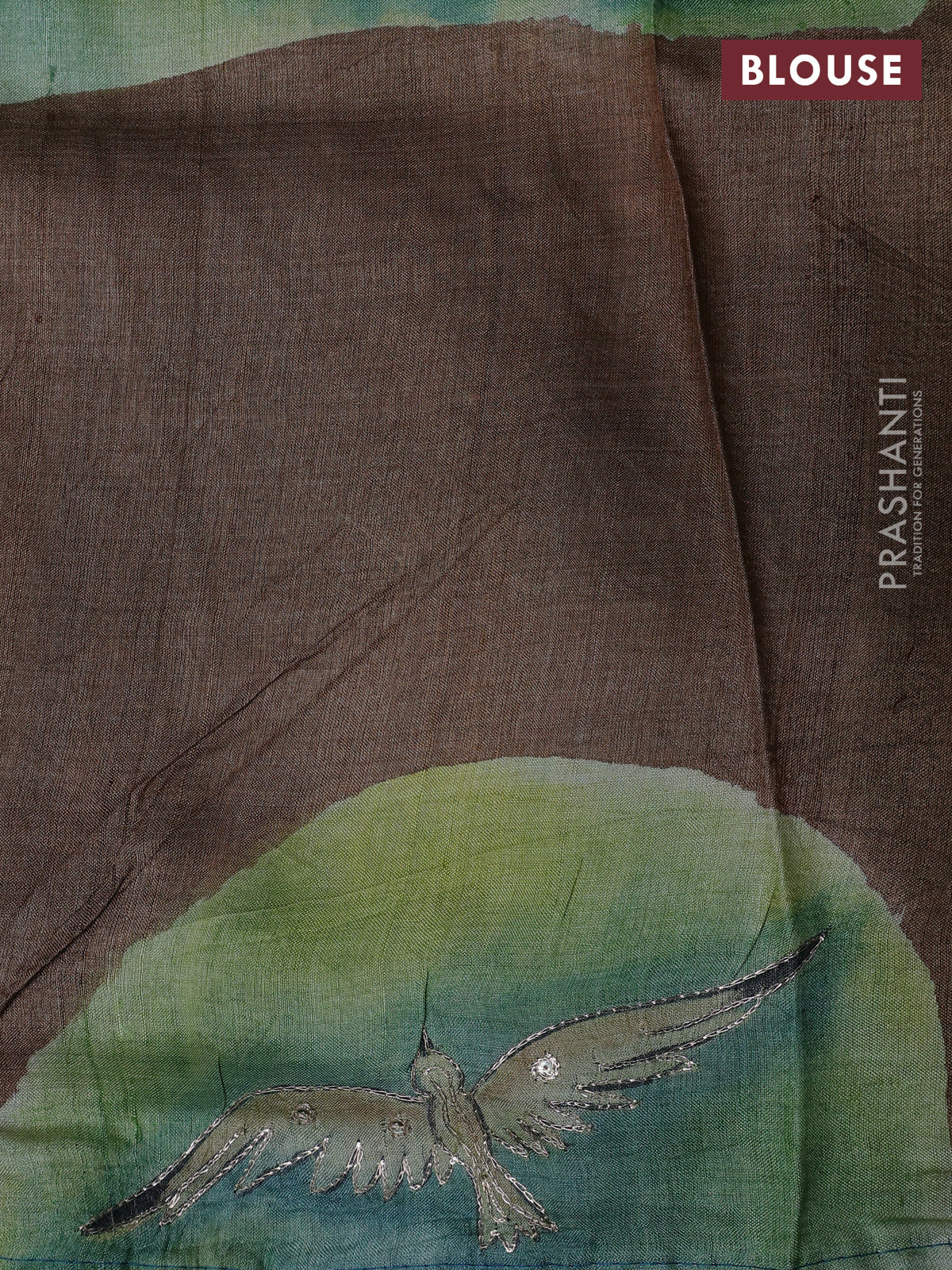 Pure tussar silk saree teal blue and green shade with tie & dye prints and pita work pallu - Image 4