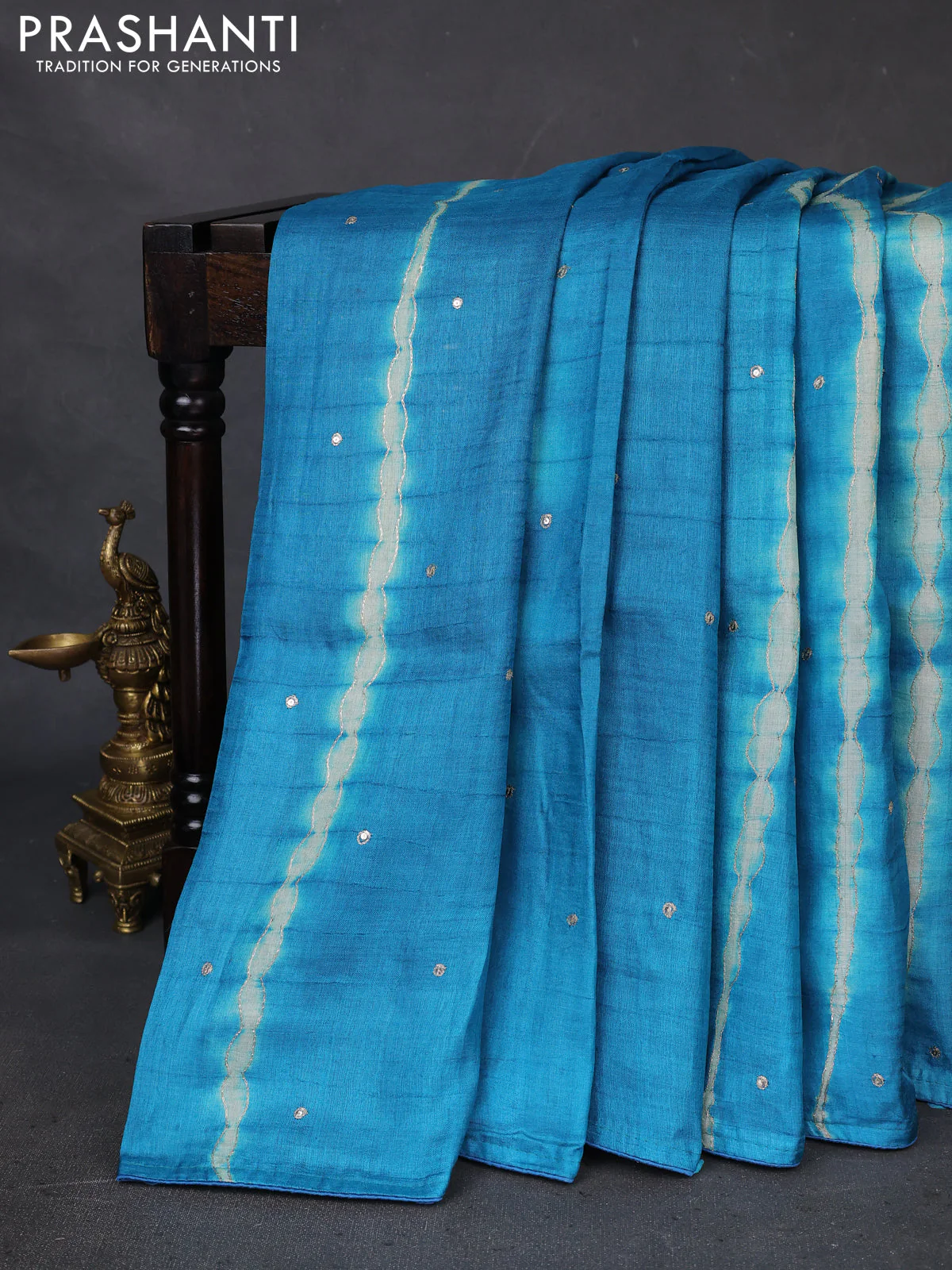 Pure tussar silk saree teal blue and light green with tie & dye prints and pita work pallu