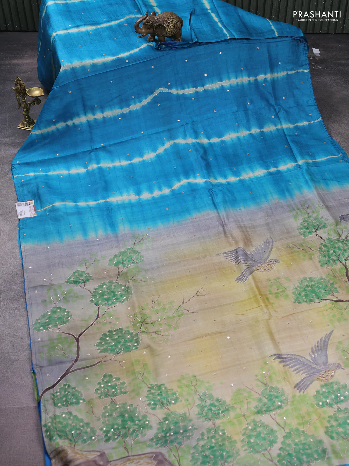 Pure tussar silk saree teal blue and light green with tie & dye prints and pita work pallu - Image 2