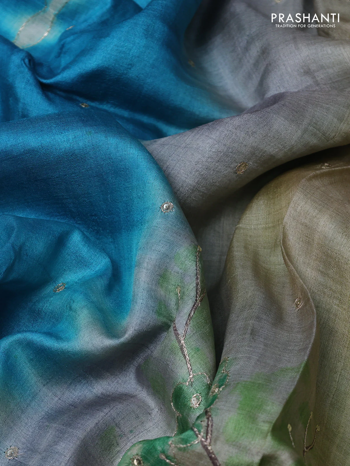 Pure tussar silk saree teal blue and light green with tie & dye prints and pita work pallu - Image 3