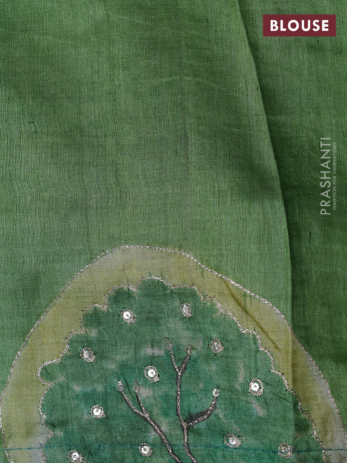 Pure tussar silk saree teal blue and light green with tie & dye prints and pita work pallu - Image 4