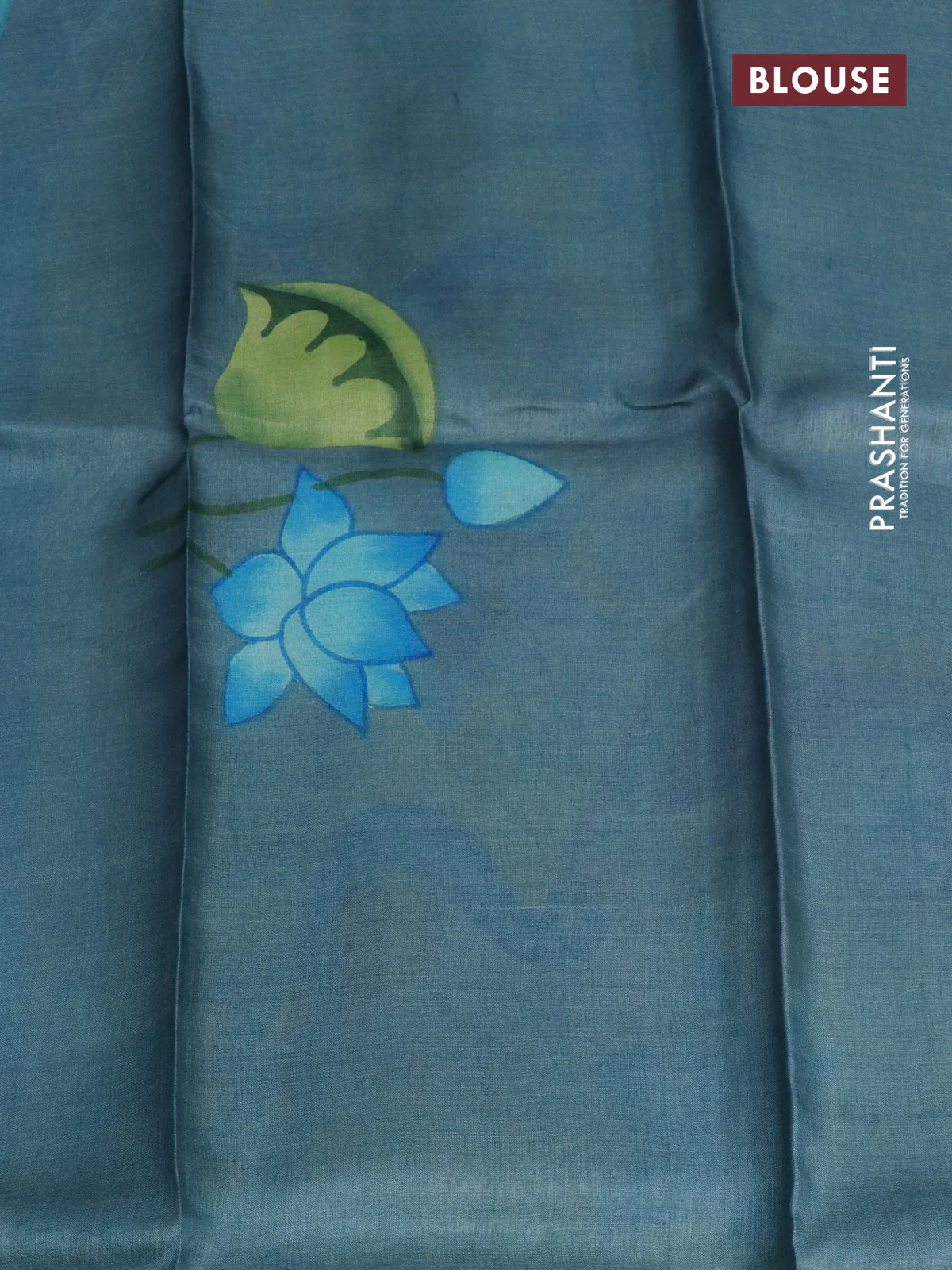 Pure tussar silk saree teal blue and pastel blue shade with plain body and pichwai hand painted pallu & border - Image 3