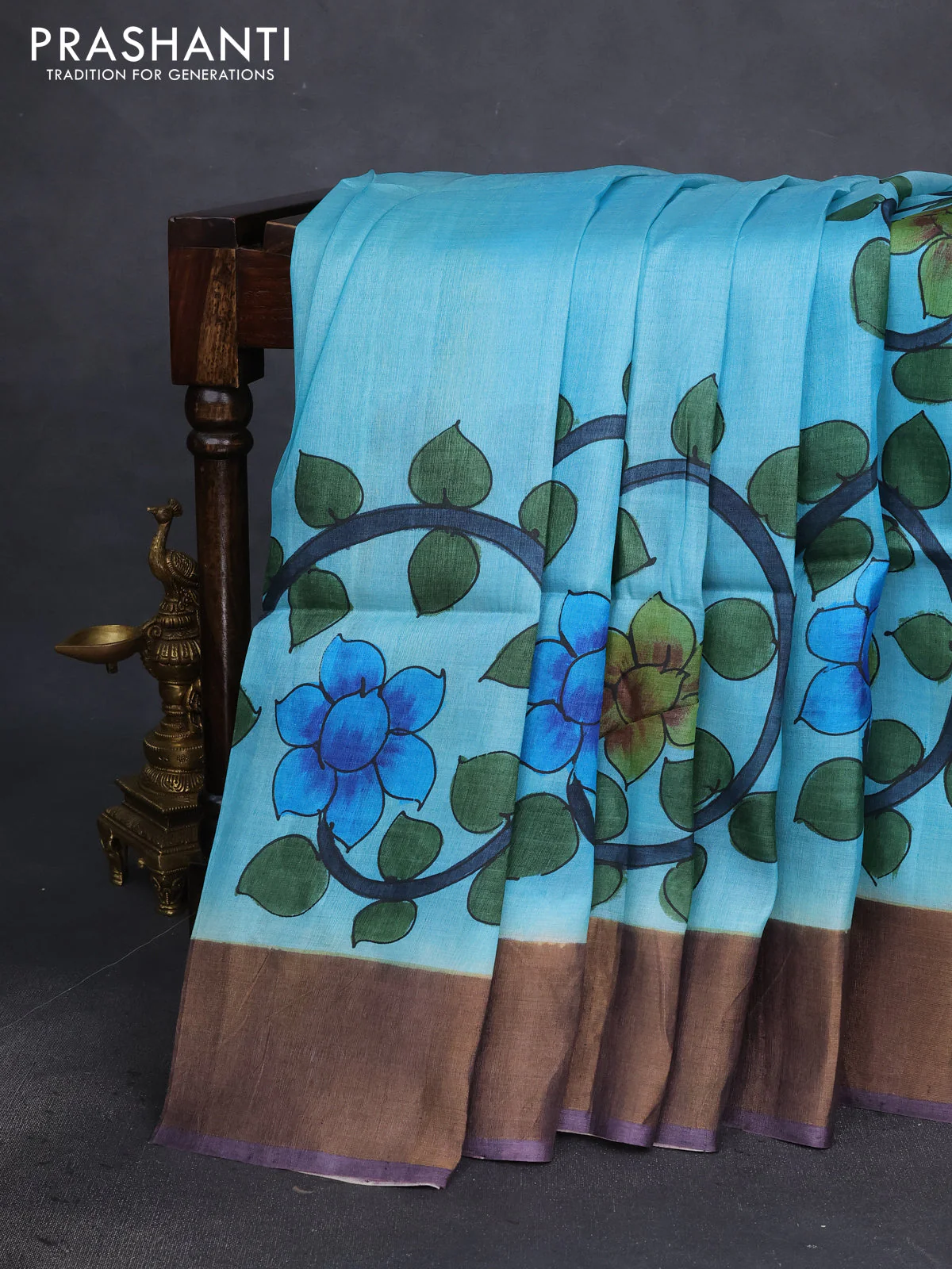 Pure tussar silk saree teal blue and pastel wine shade with allover kalamkari hand painted prints and zari woven border