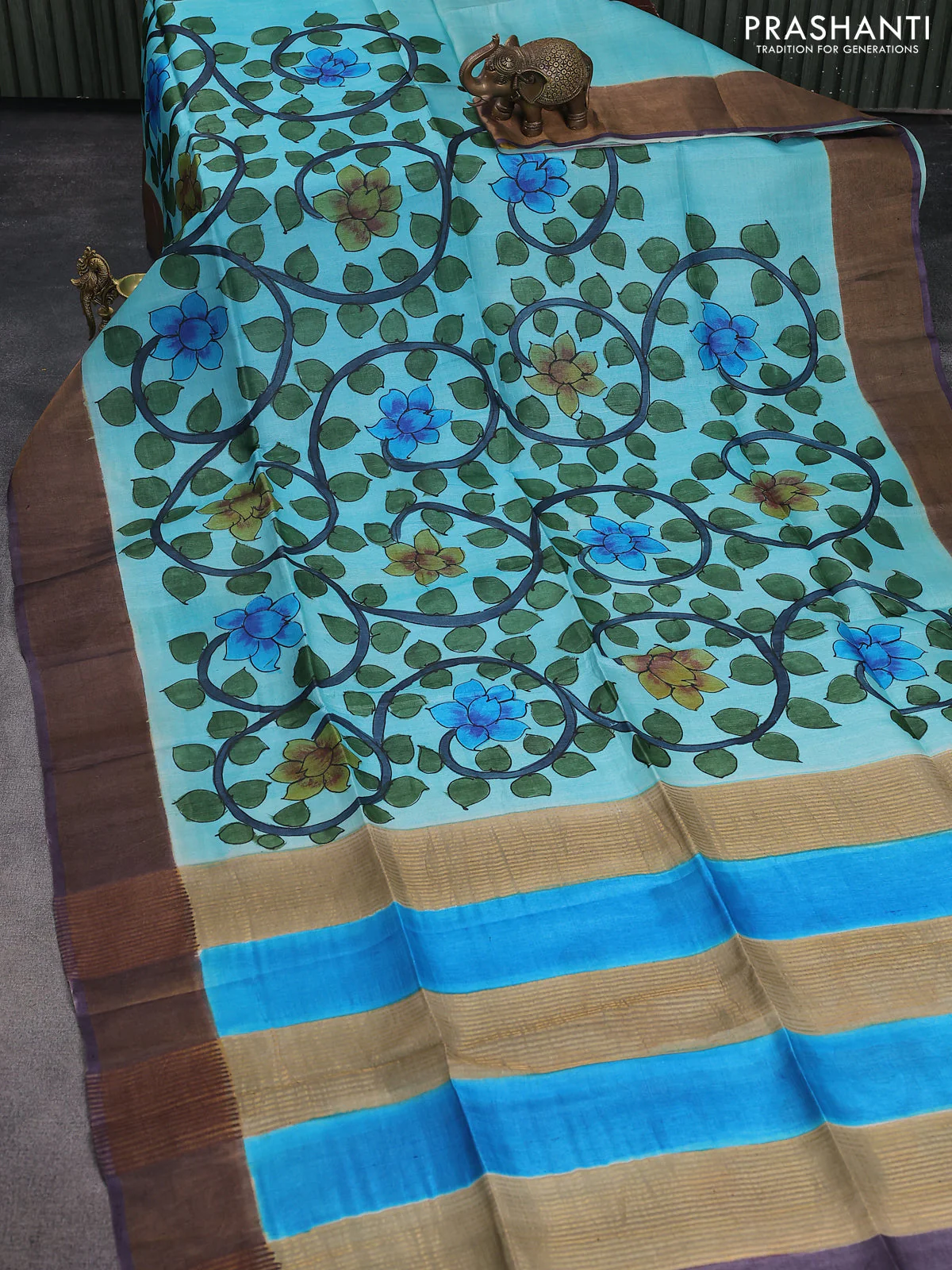 Pure tussar silk saree teal blue and pastel wine shade with allover kalamkari hand painted prints and zari woven border - Image 2