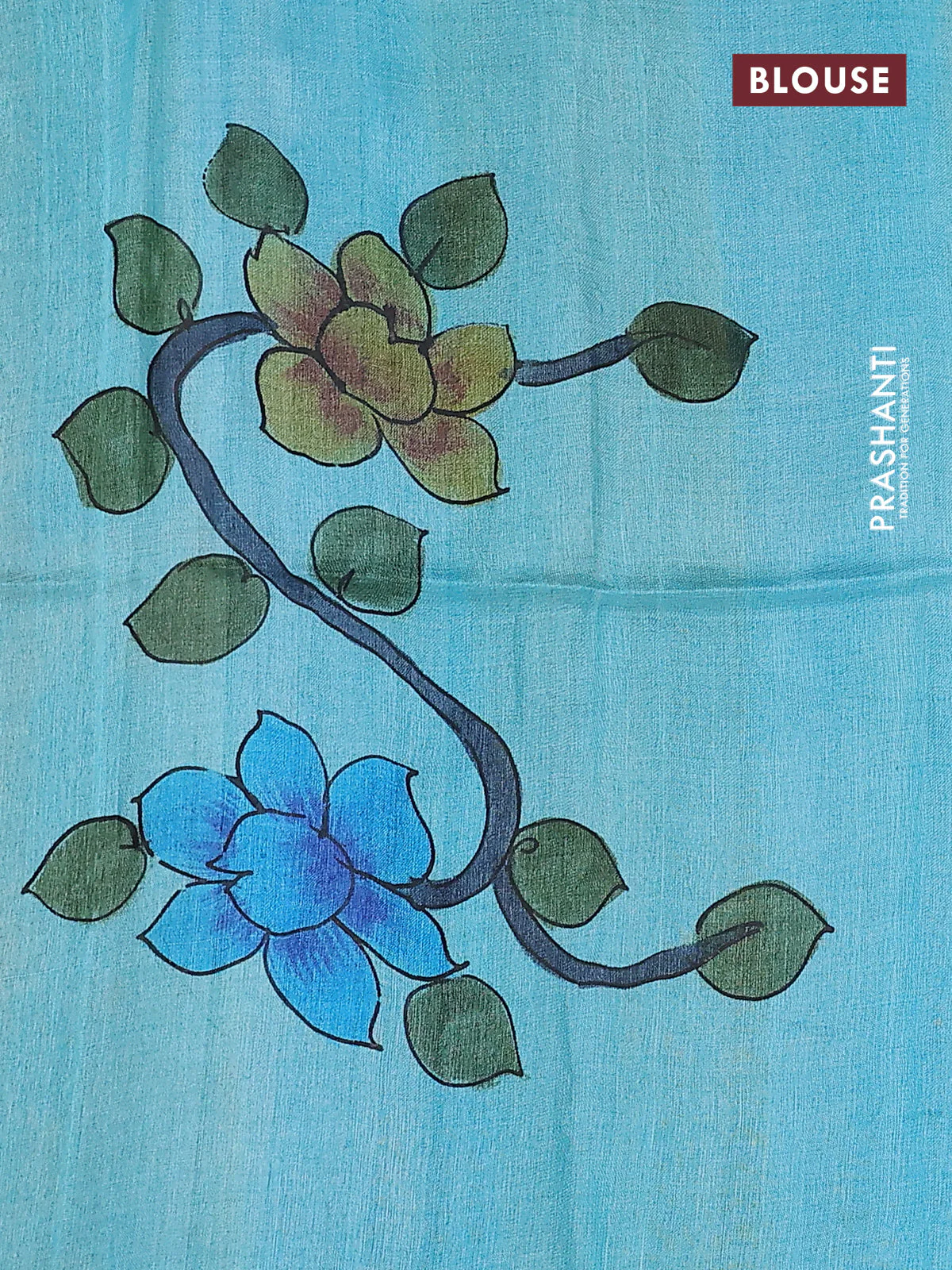 Pure tussar silk saree teal blue and pastel wine shade with allover kalamkari hand painted prints and zari woven border - Image 3