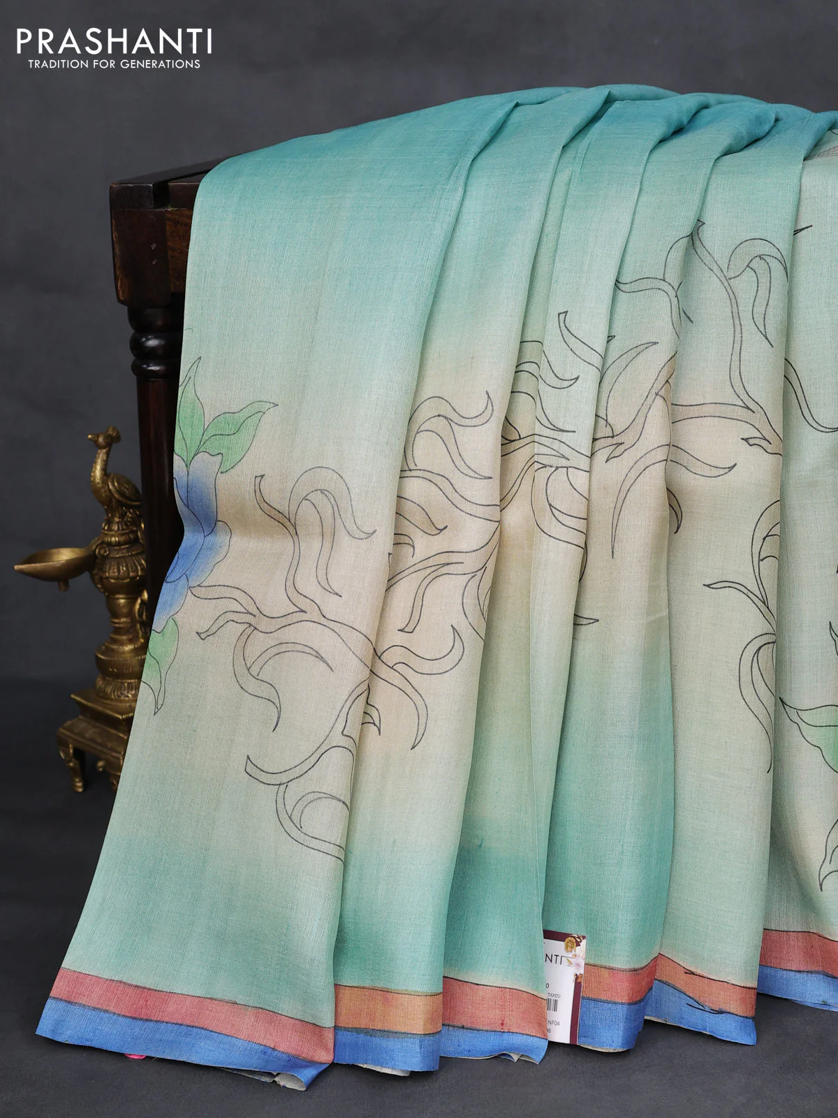 Pure tussar silk saree teal blue shade with hand painted prints and simple border - Image 2
