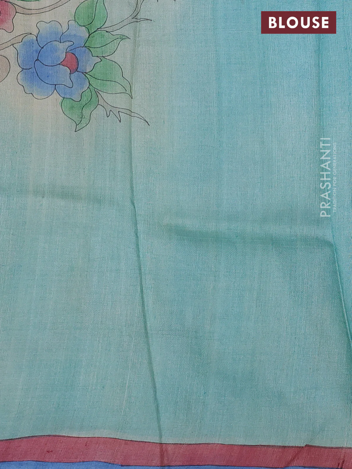 Pure tussar silk saree teal blue shade with hand painted prints and simple border - Image 3