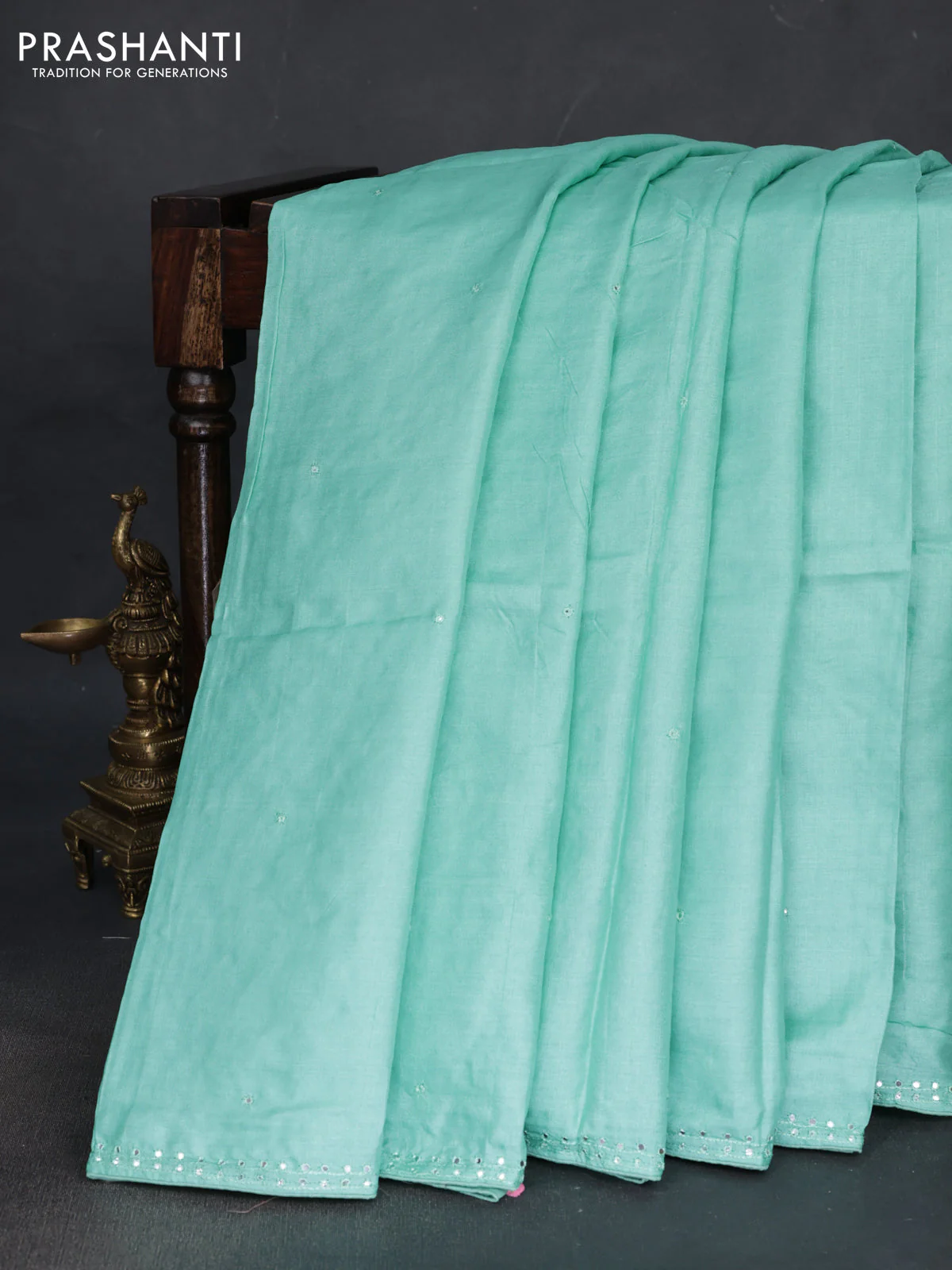 Pure tussar silk saree teal blue with mirror work and mirror work border - Image 2