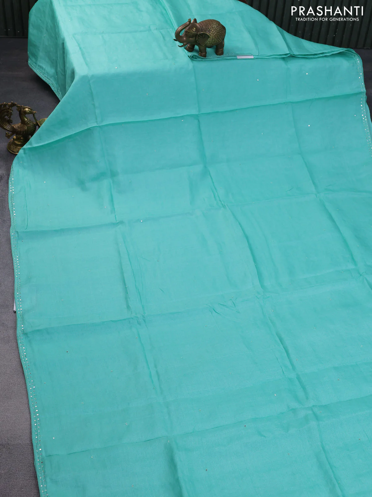 Pure tussar silk saree teal blue with mirror work and mirror work border - Image 3