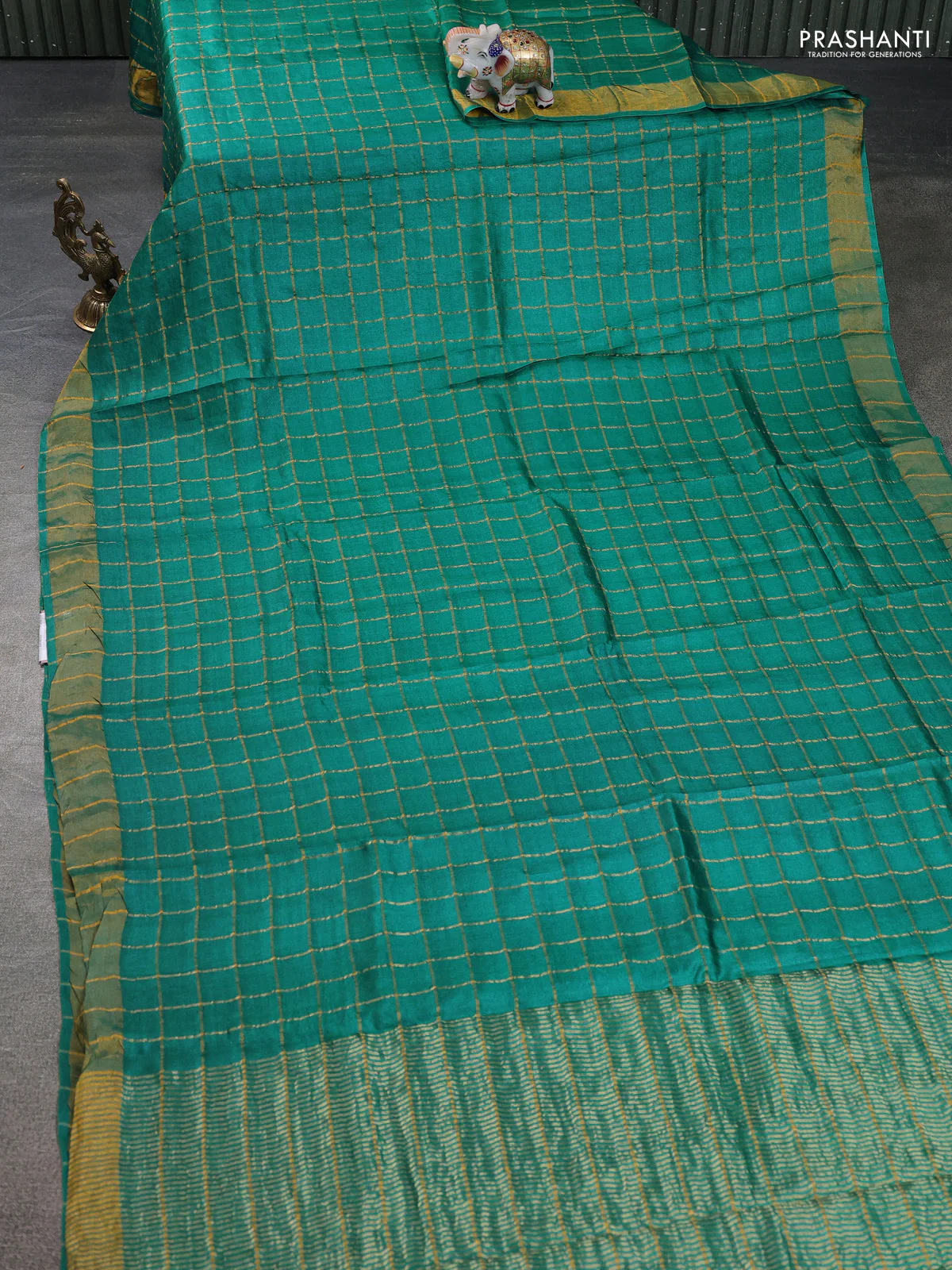 Pure tussar silk saree teal green and brown with allover zari checks and zari woven border - Image 2
