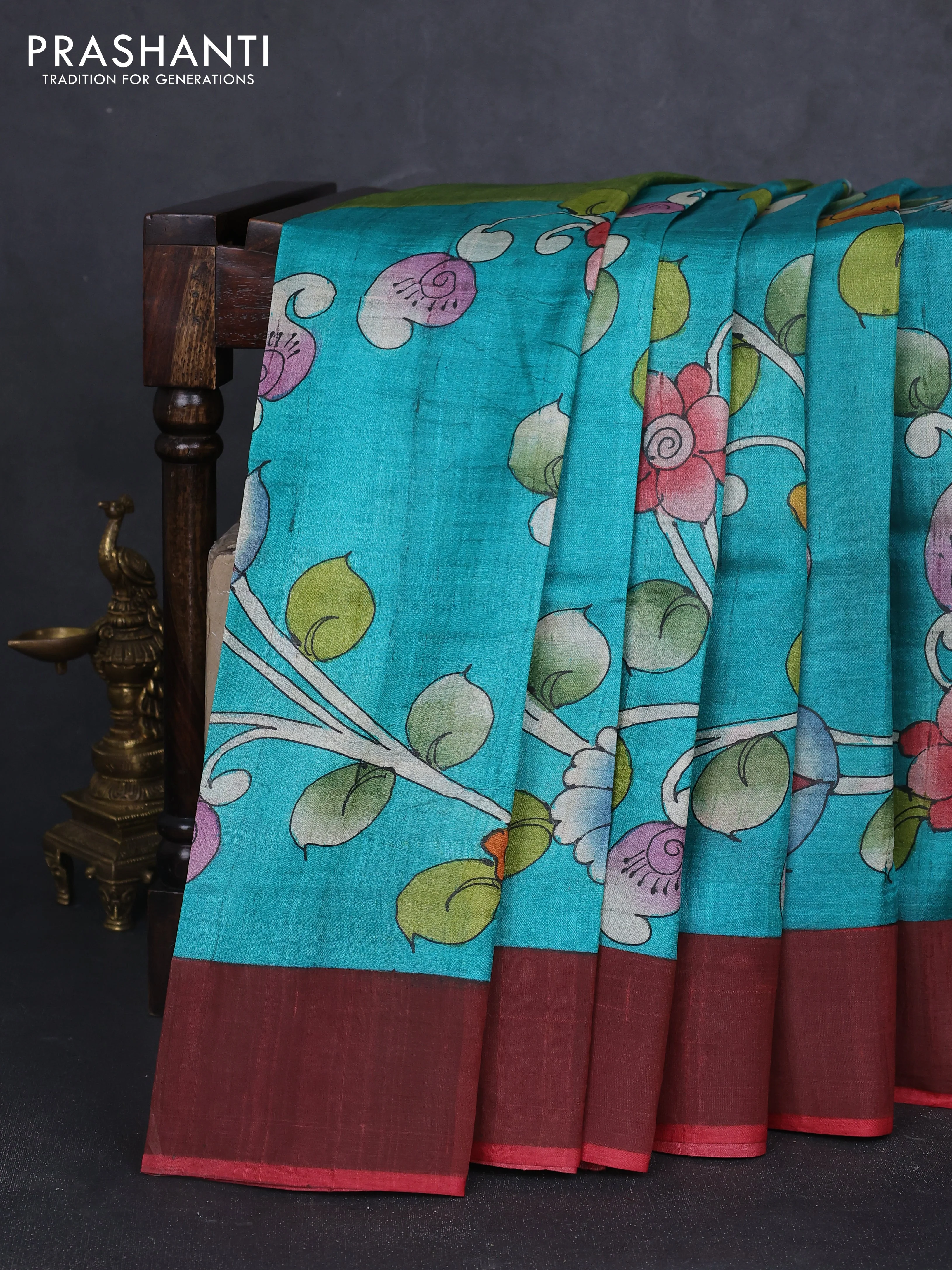Pure tussar silk saree teal green and maroon with allover kalamkari hand painted prints and zari woven border