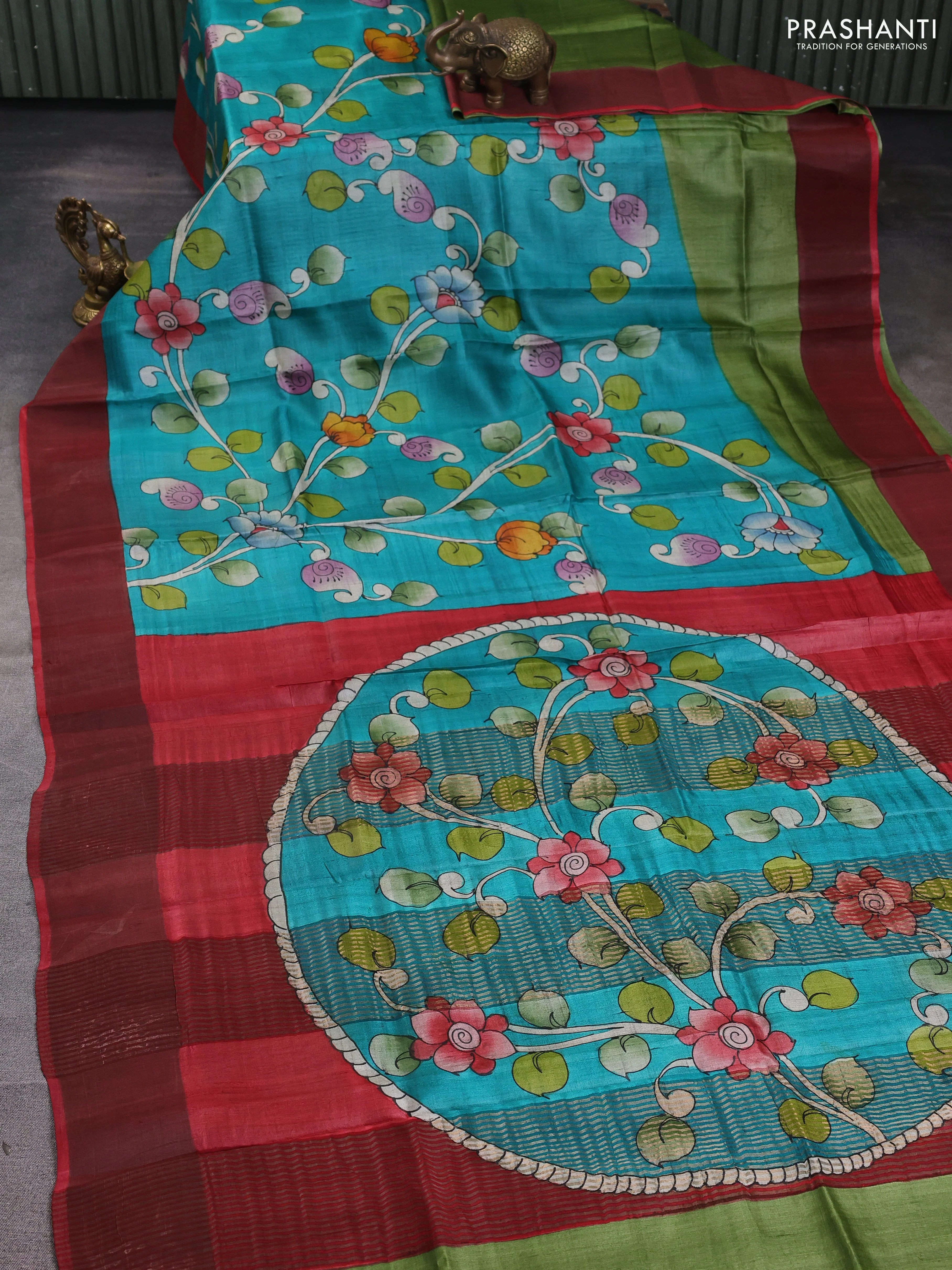 Pure tussar silk saree teal green and maroon with allover kalamkari hand painted prints and zari woven border - Image 2