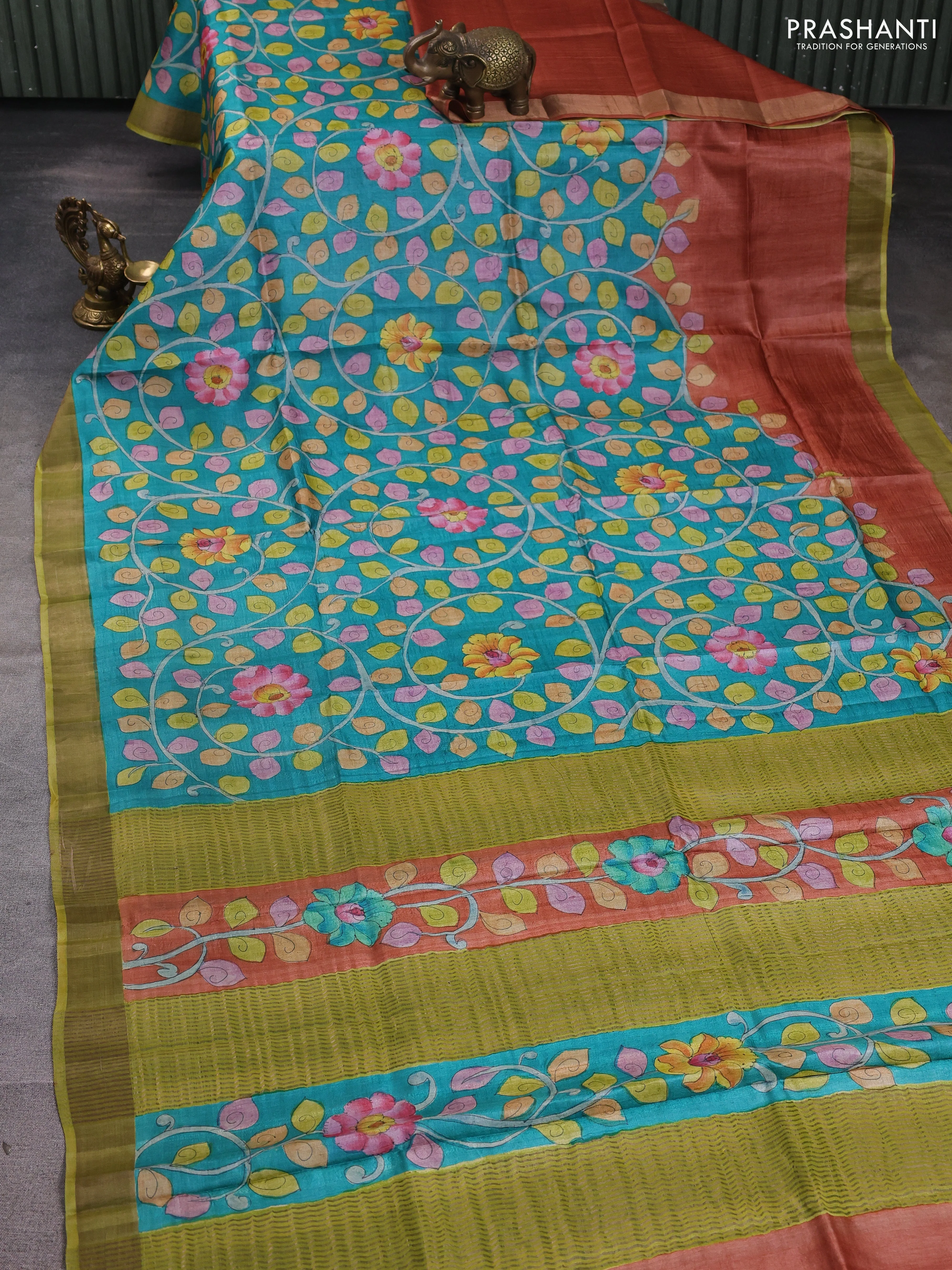 Pure tussar silk saree teal green and mehendi green with allover hand painted prints and zari woven border - Image 2