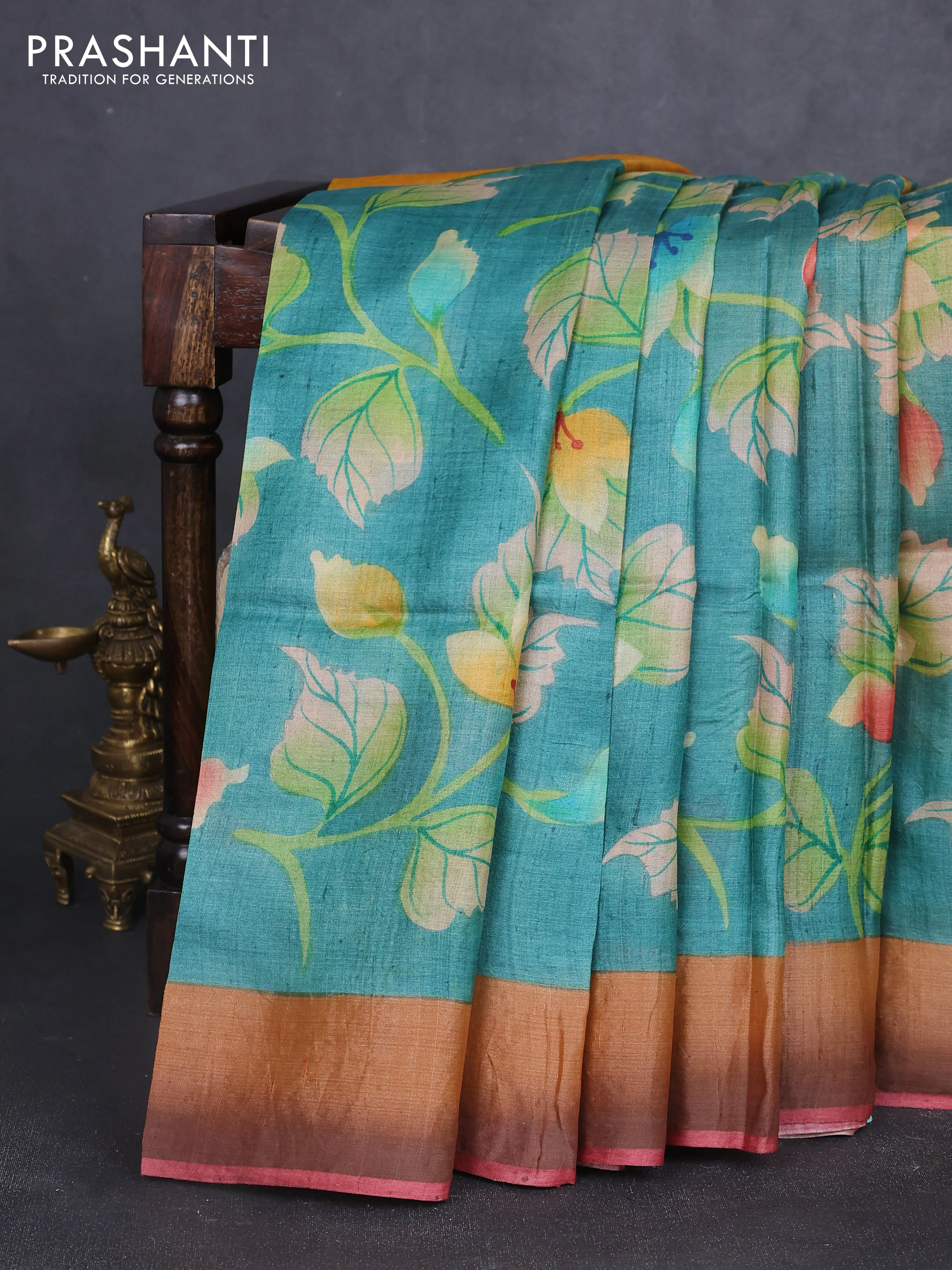 Pure tussar silk saree teal green and peach pink with allover hand painted prints and zari woven border