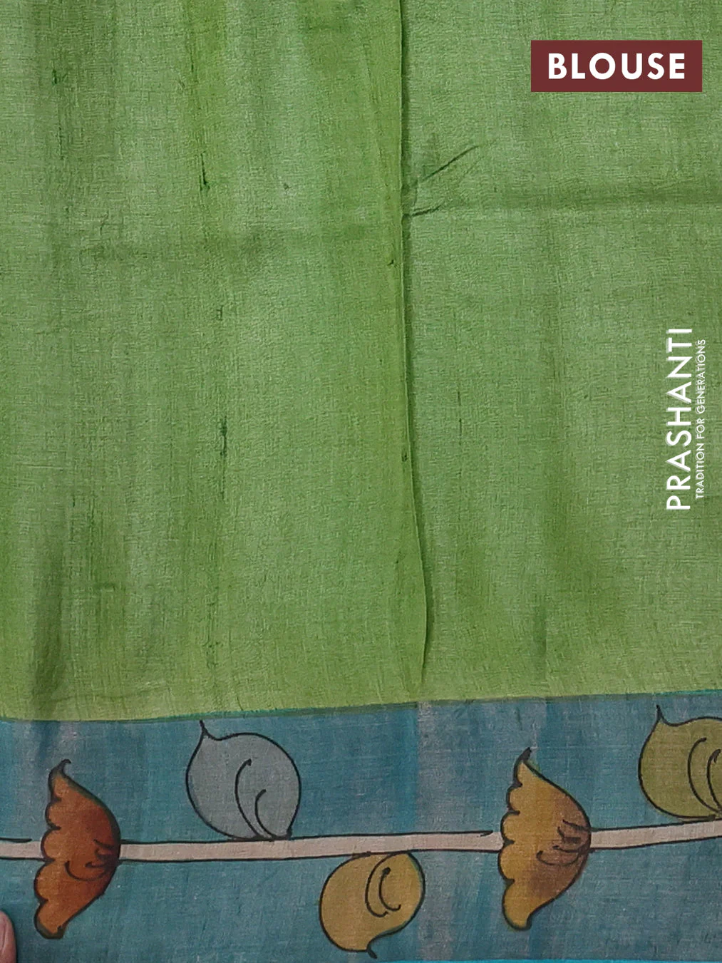Pure tussar silk saree teal green and peach pink with allover kalamkari hand painted prints and zari woven border - Image 3