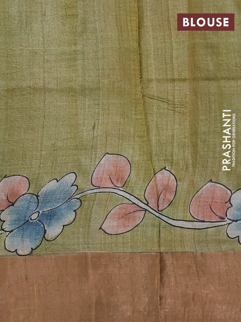 Pure tussar silk saree teal green and sandal with allover kalamkari hand painted prints and zari woven border - Image 3