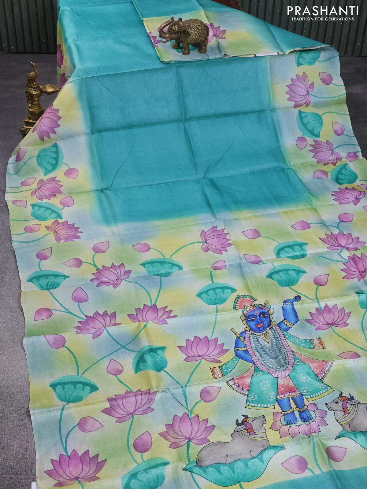 Pure tussar silk saree teal green shade and green with plain body and pichwai hand painted pallu & border