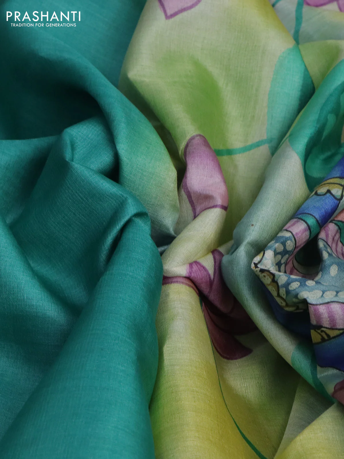 Pure tussar silk saree teal green shade and green with plain body and pichwai hand painted pallu & border - Image 2
