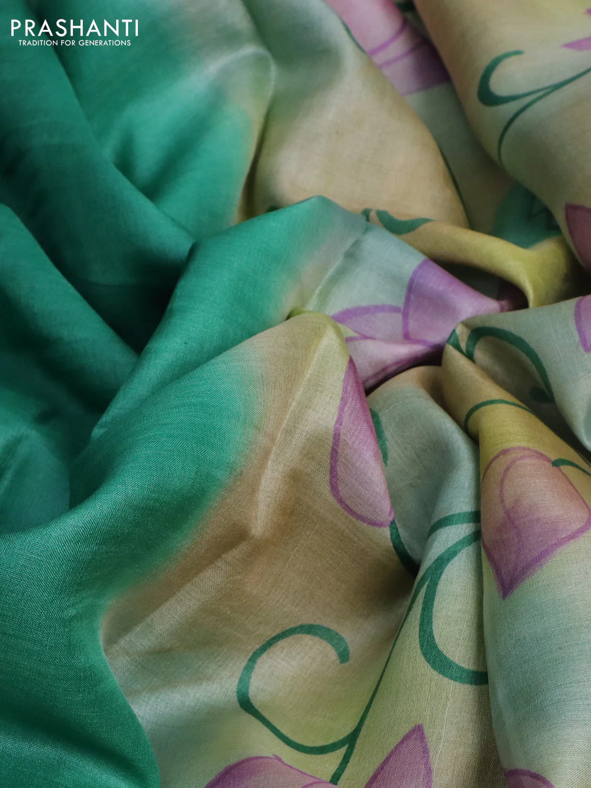 Pure tussar silk saree teal green shade and green with plain body and pichwai hand painted pallu & border - Image 2