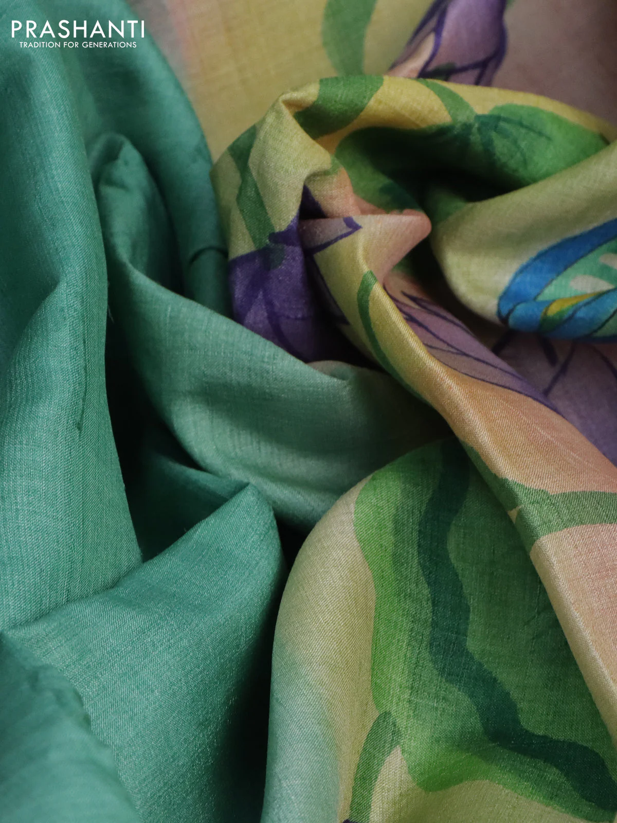 Pure tussar silk saree teal green shade and grey shade with plain body and pichwai hand painted pallu & border - Image 2