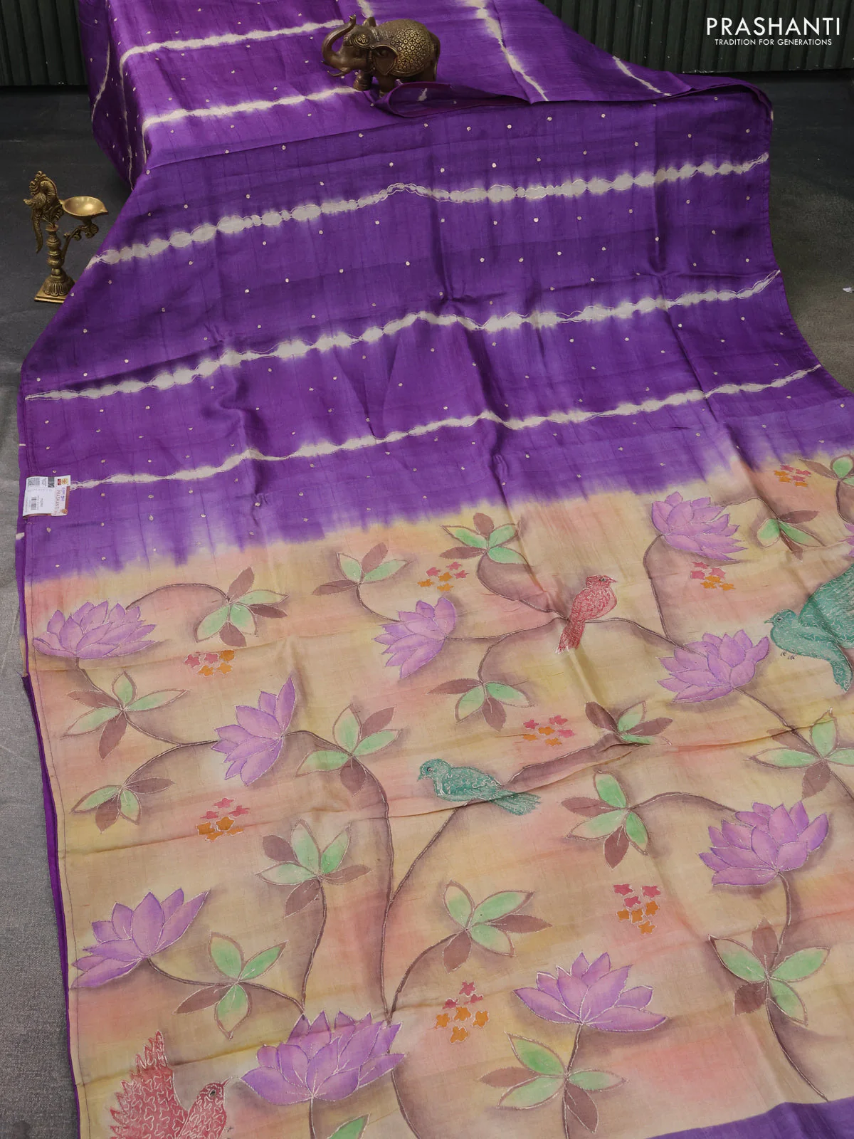 Pure tussar silk saree violet and sandal with tie & dye prints and pita work pallu - Image 2