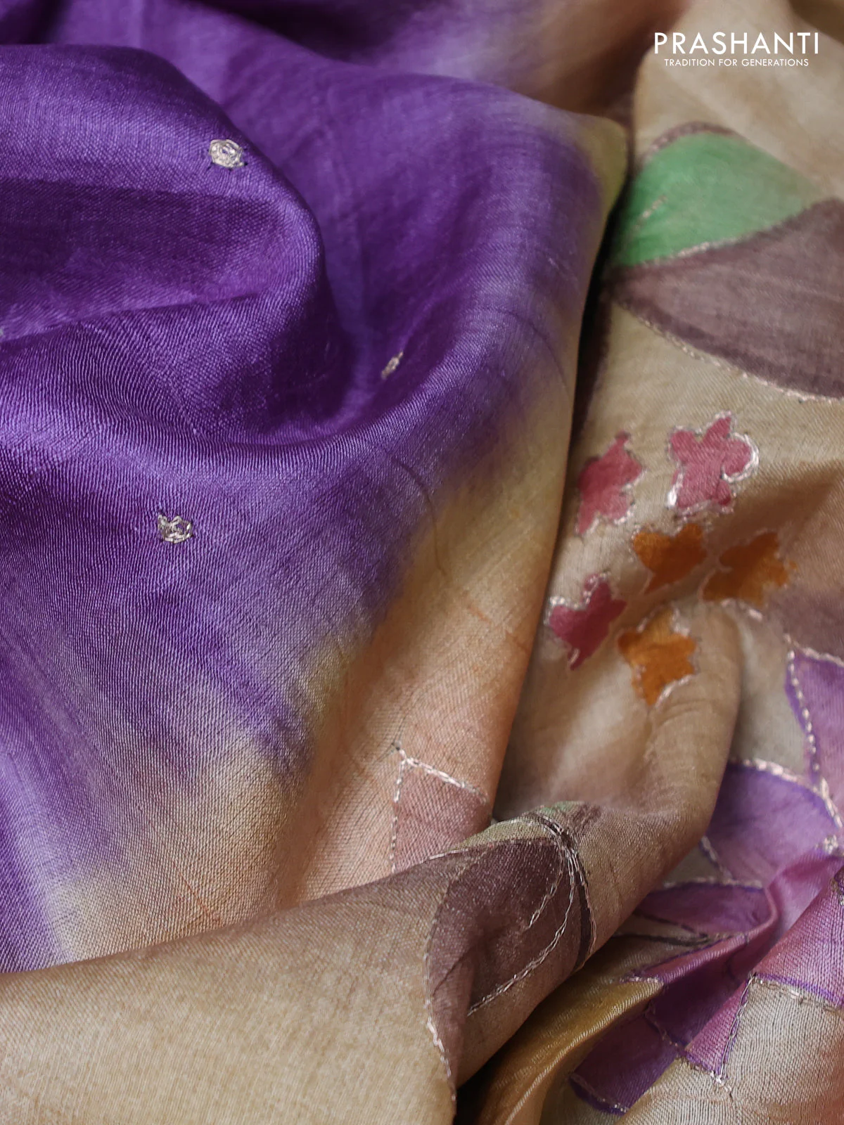 Pure tussar silk saree violet and sandal with tie & dye prints and pita work pallu - Image 3