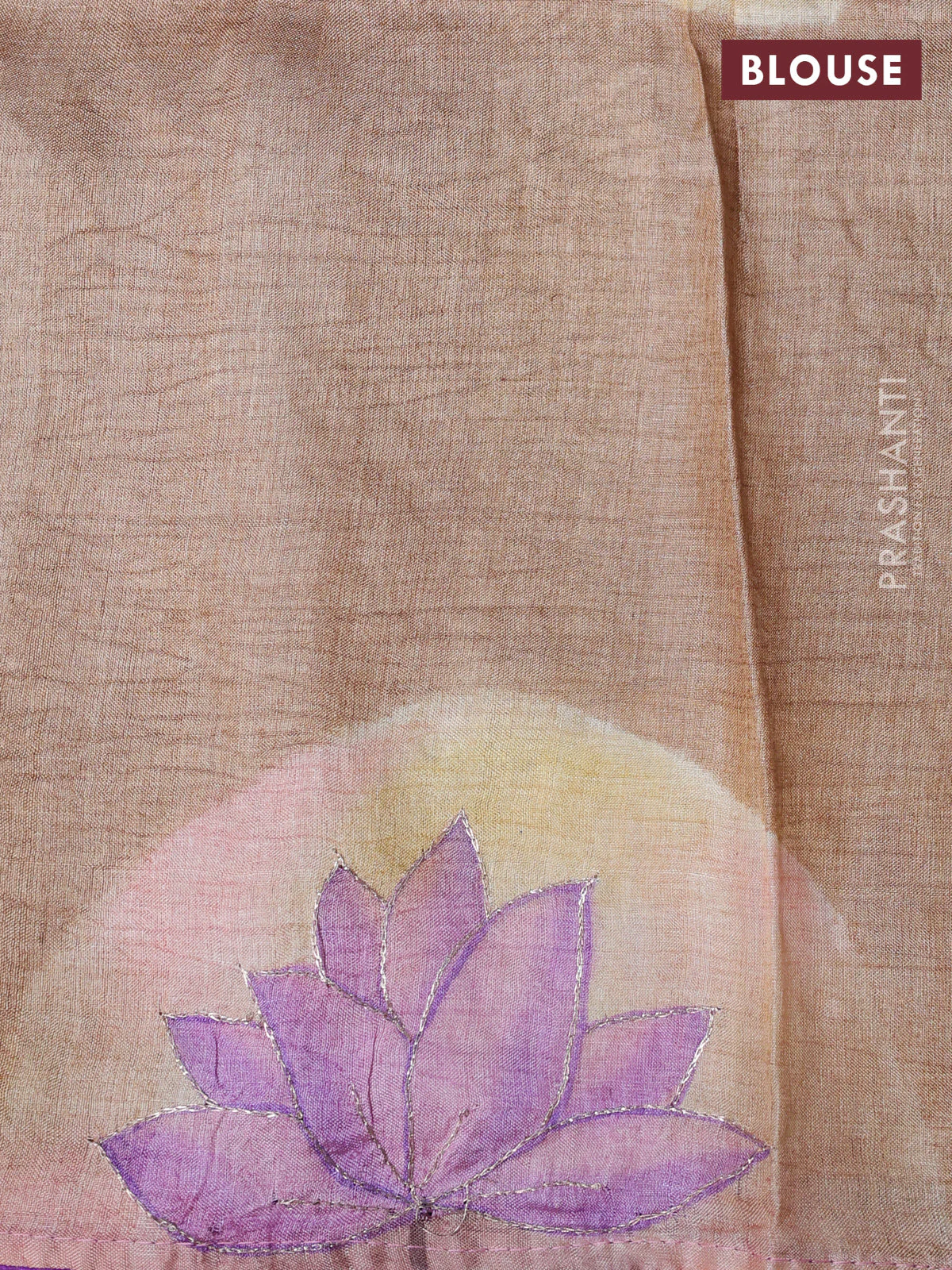 Pure tussar silk saree violet and sandal with tie & dye prints and pita work pallu - Image 4