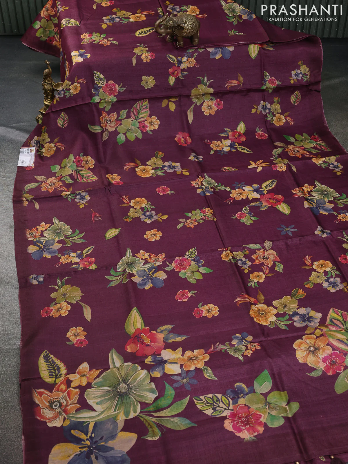Pure tussar silk saree wine shade with allover floral digital prints in borderless style - Image 2