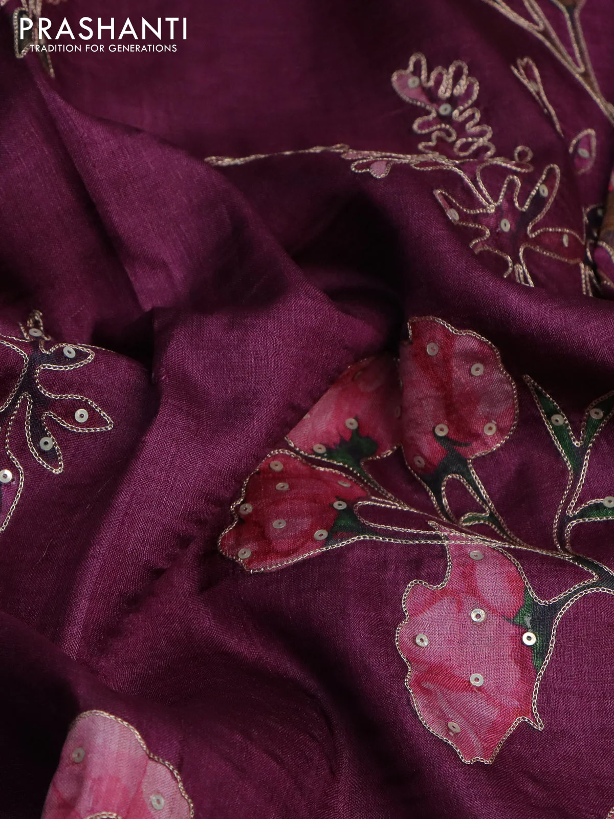 Pure tussar silk saree wine shade with floral prints & pita work - Image 2