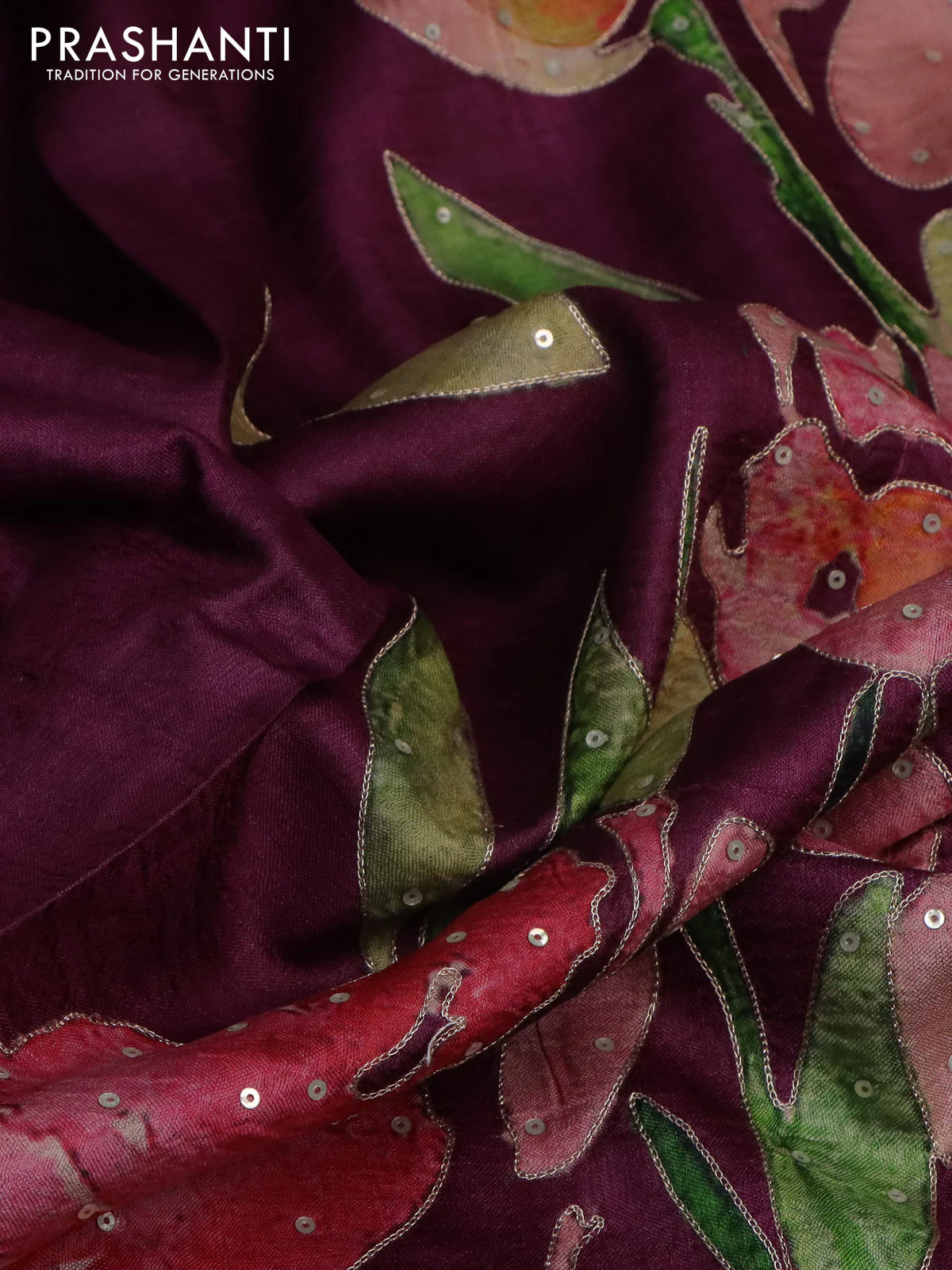 Pure tussar silk saree wine shade with floral prints & pita work - Image 2