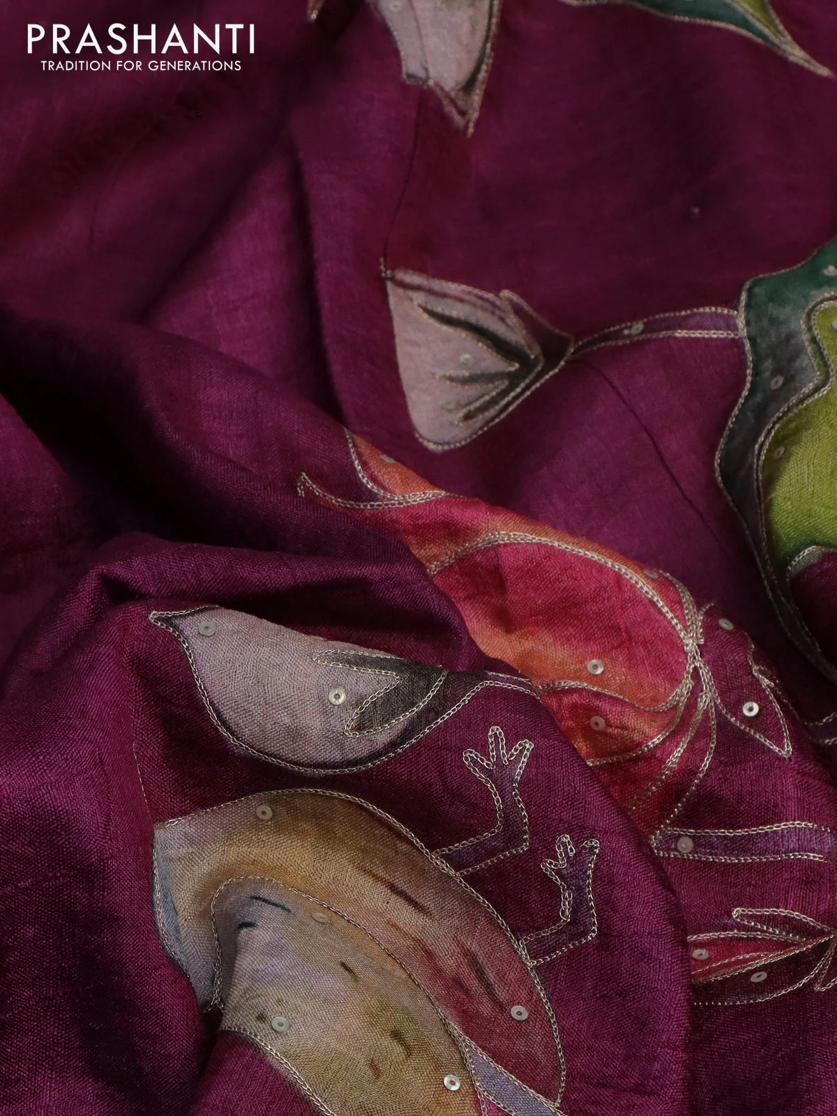 Pure tussar silk saree wine shade with pichwai prints & pita work - Image 2