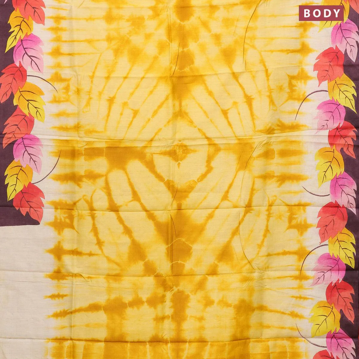 Pure tussar silk saree yellow and deep wine shade with tie & dye prints and printed border - Image 2