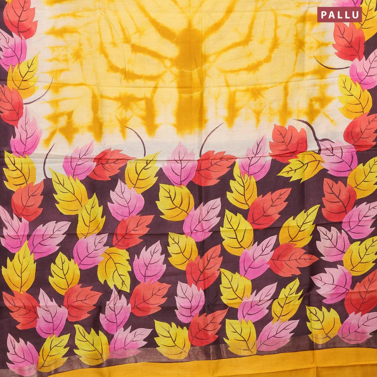 Pure tussar silk saree yellow and deep wine shade with tie & dye prints and printed border - Image 3