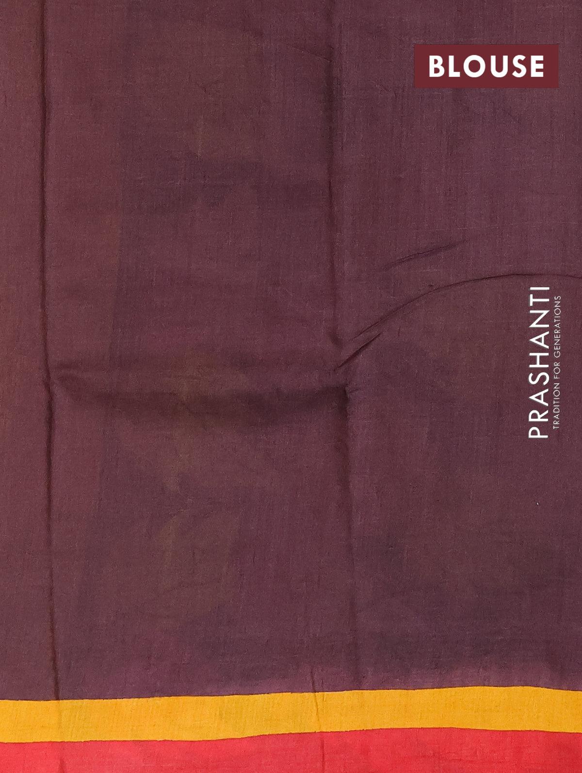 Pure tussar silk saree yellow and deep wine shade with tie & dye prints and printed border - Image 4