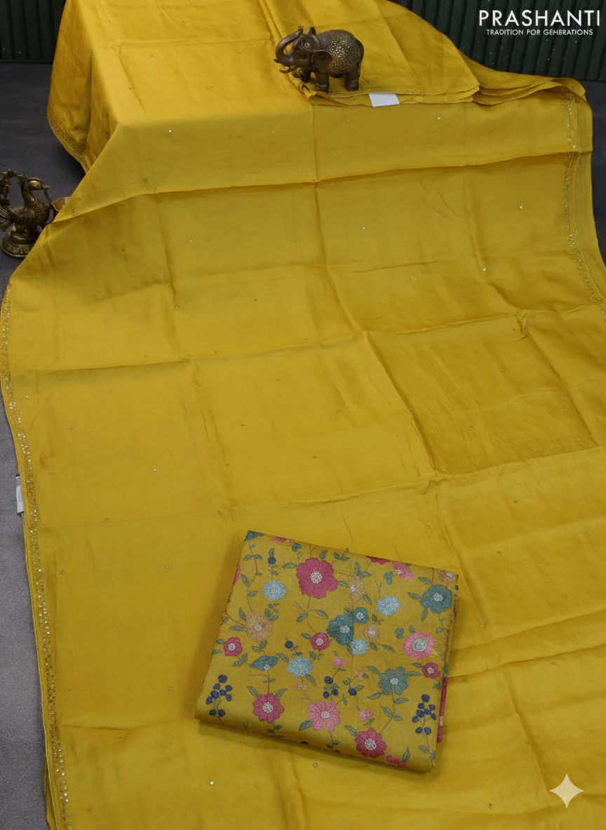 Pure tussar silk saree yellow with mirror work and mirror work border - Image 3