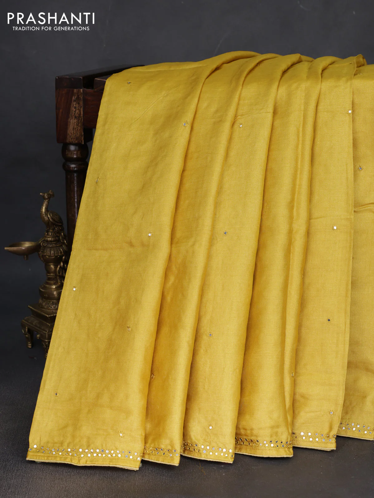 Pure tussar silk saree yellow with mirror work and mirror work border - Image 4