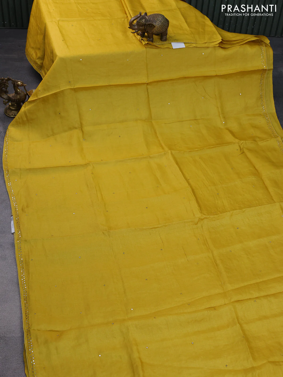 Pure tussar silk saree yellow with mirror work and mirror work border - Image 5