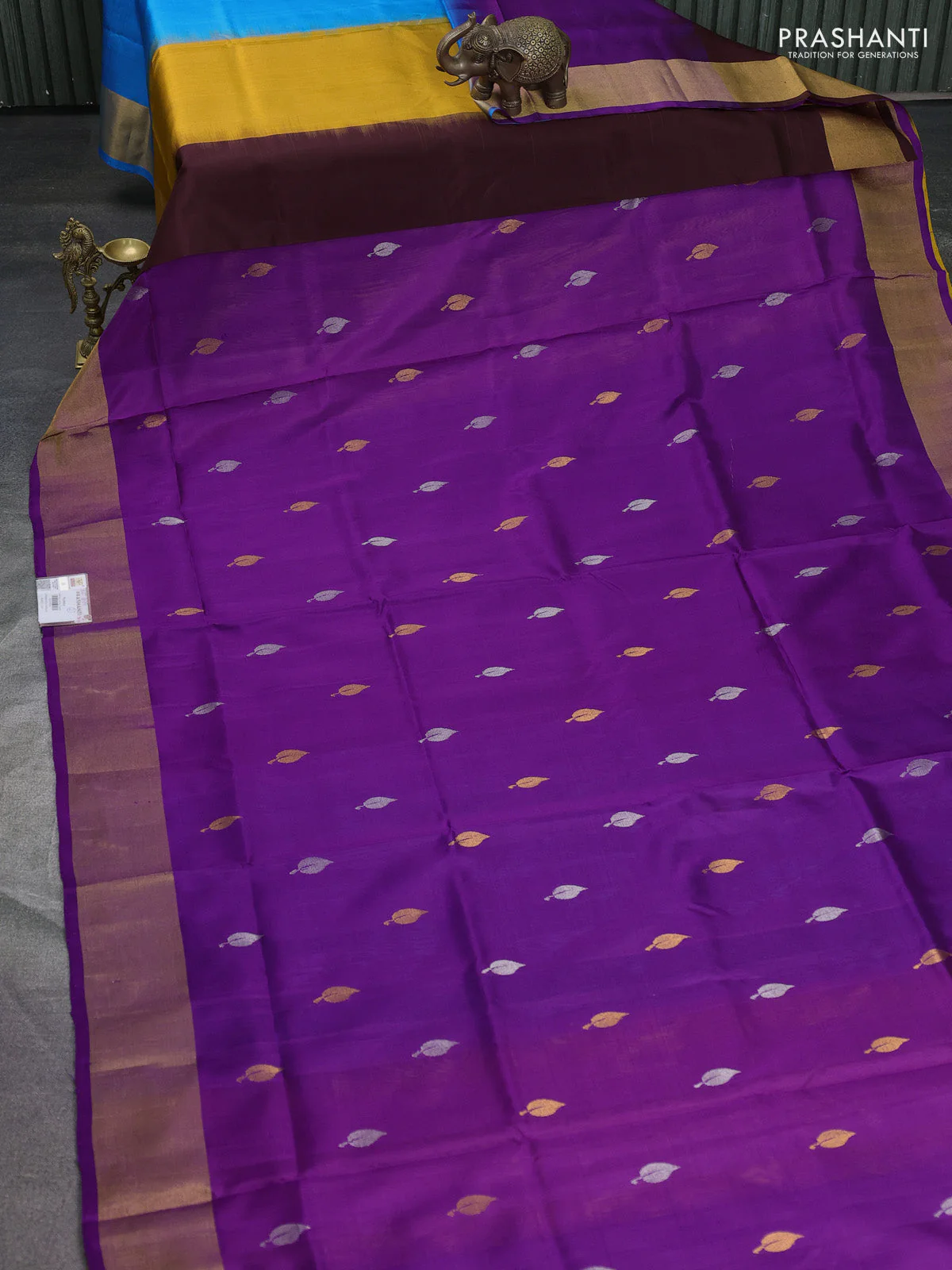 Pure uppada partly silk saree purple and mustard yellow with silver & gold zari woven leaf buttas and zari woven border - Image 2