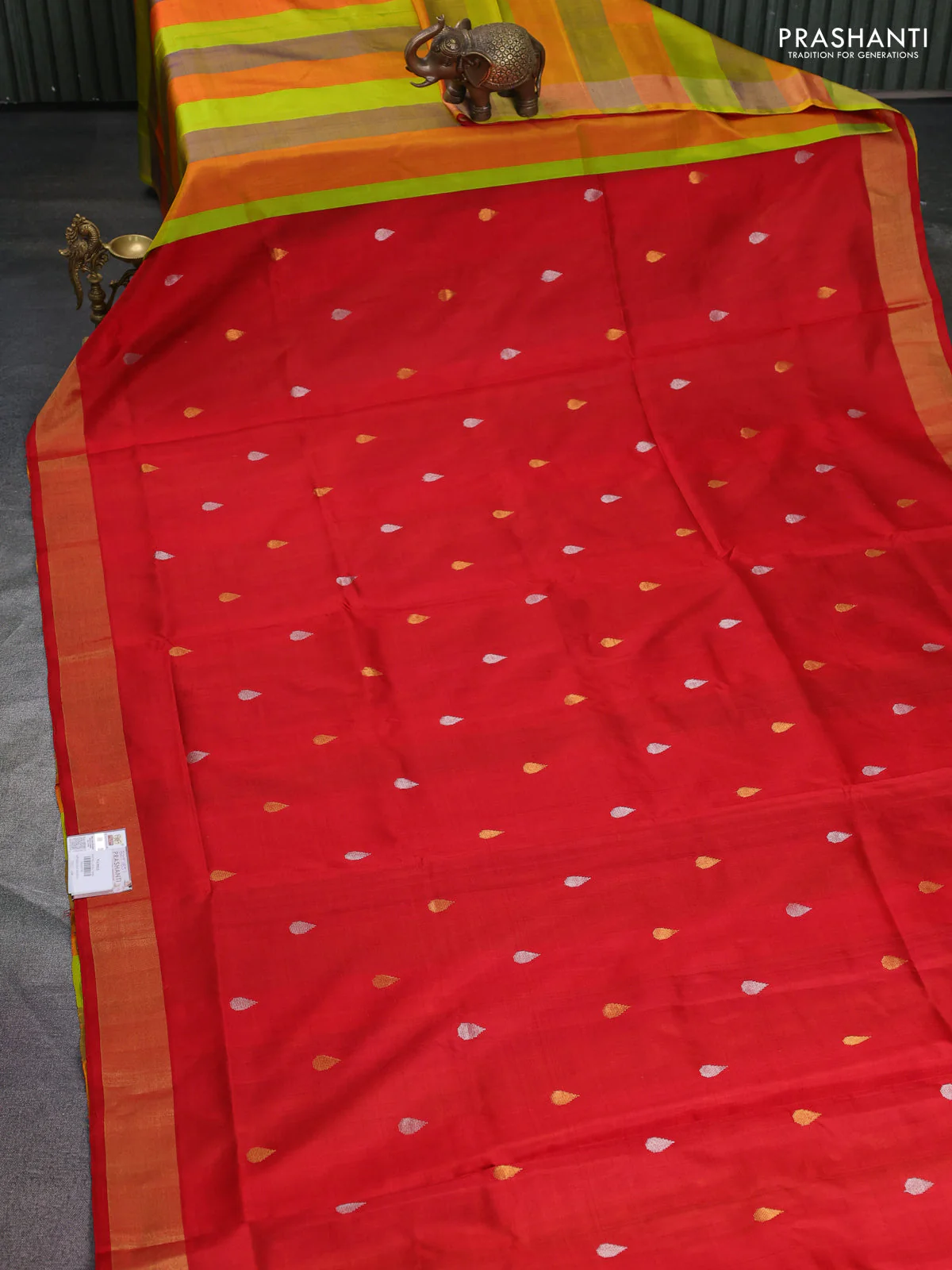 Pure uppada partly silk saree red and multi colour with silver & gold zari woven tilak buttas and zari woven border - Image 2