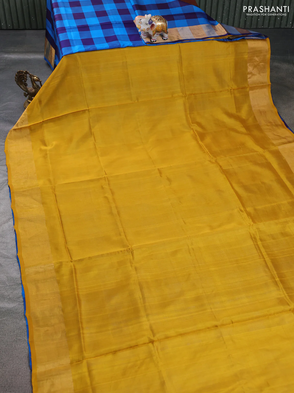 Pure uppada partly silk saree yellow and teal blue with plain body and zari woven border - Image 2