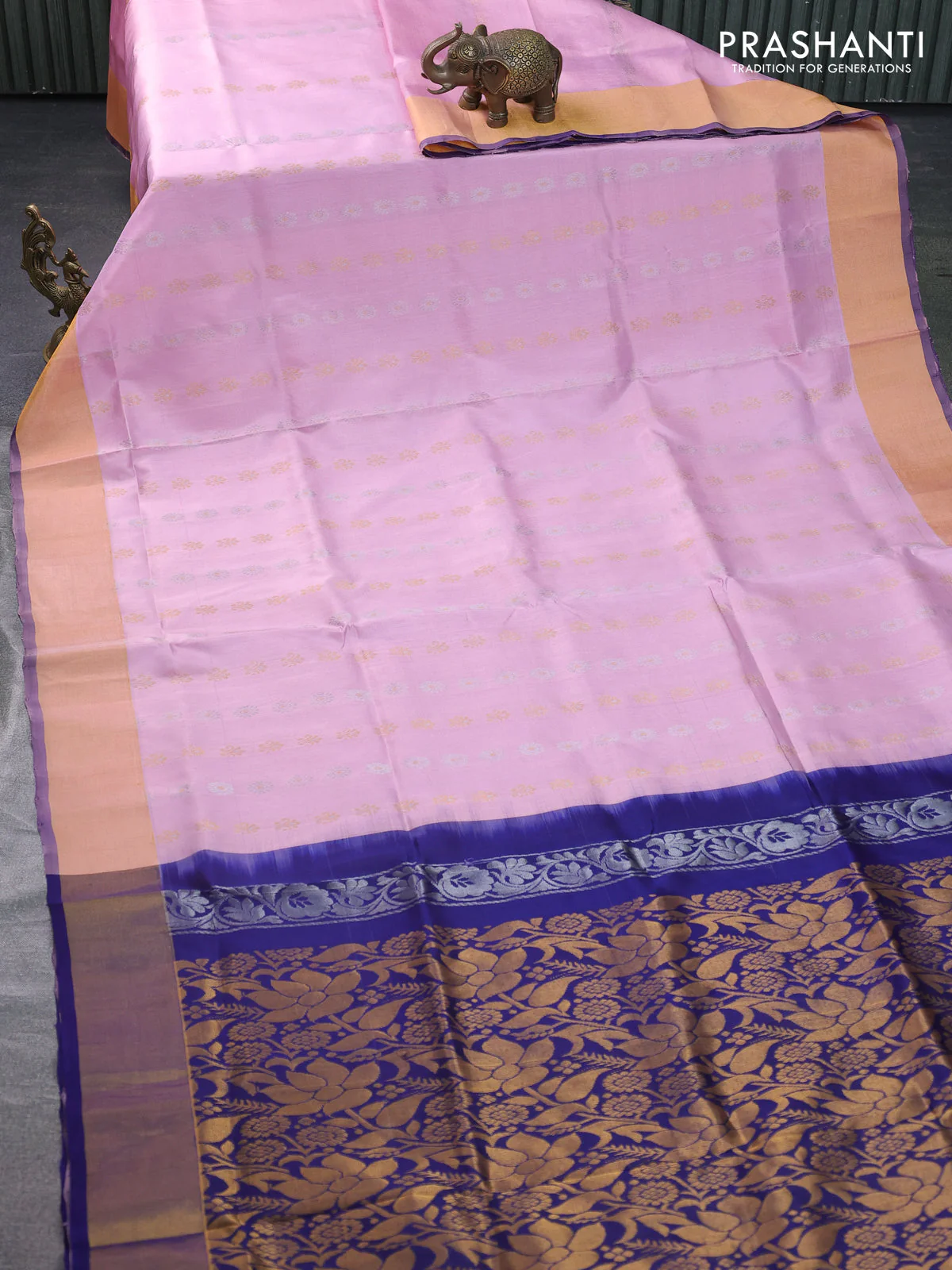 Pure uppada silk saree baby pink and navy blue with allover silver & gold zari woven butta weaves and zari woven border - Image 2