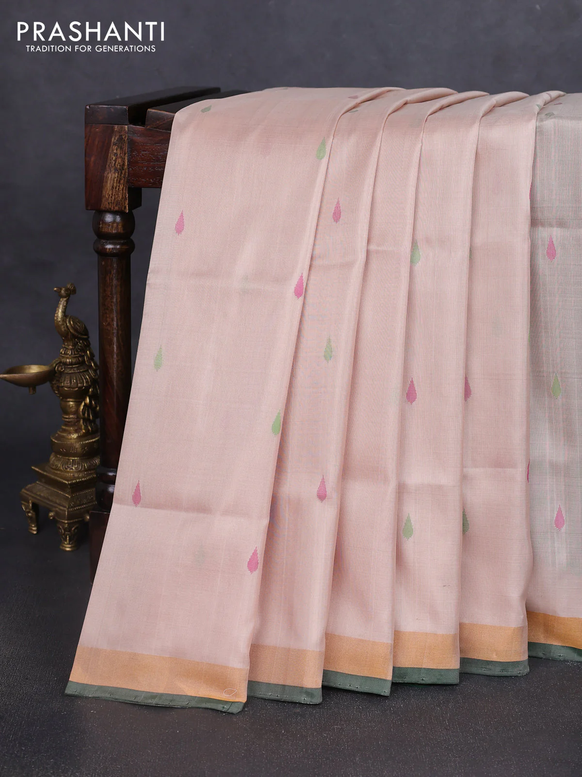 Pure uppada silk saree beige and green with thread woven thilak buttas and jamdhani design pallu