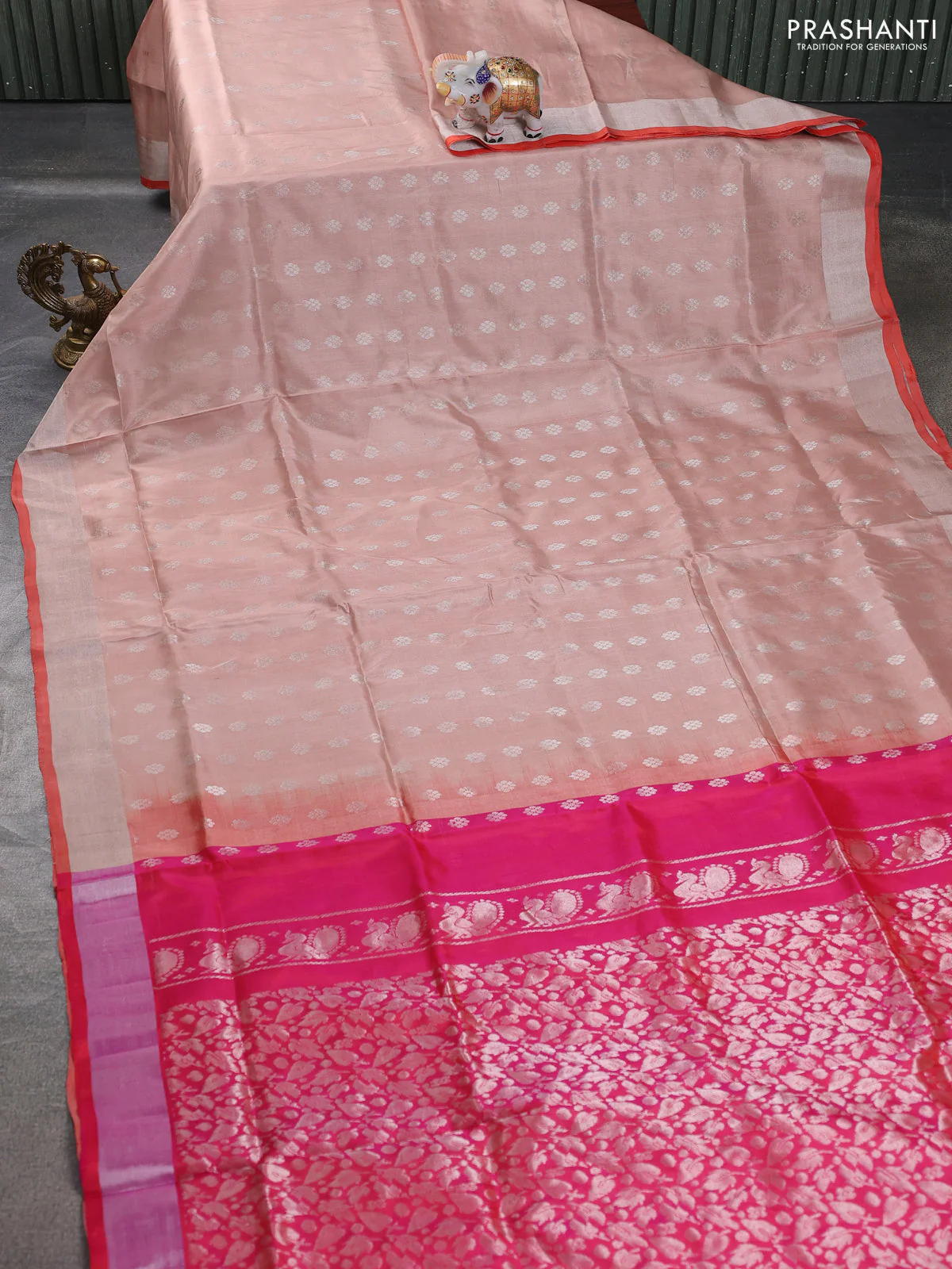 Pure uppada silk saree beige and rust shade with silver zari woven buttas and silver zari woven border - Image 2