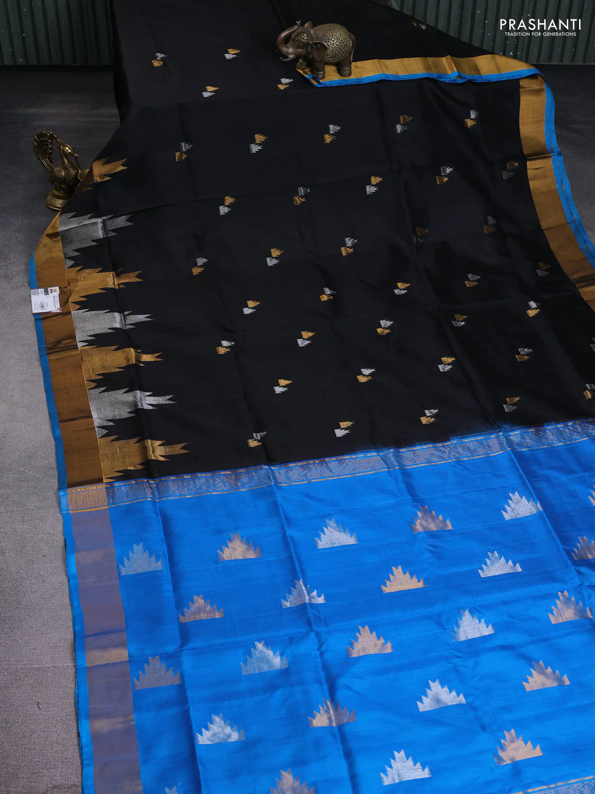 Pure uppada silk saree black and cs blue with silver & gold temple zari woven buttas and temple design zari woven border - Image 2