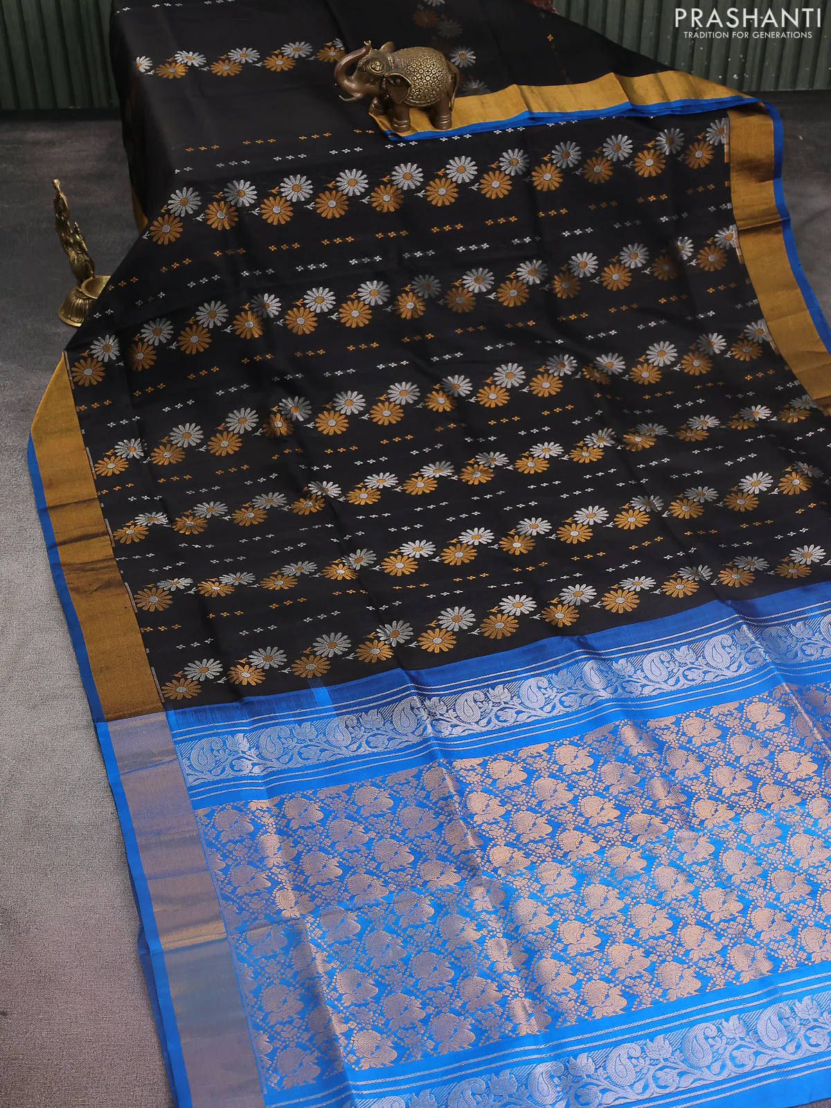 Pure uppada silk saree black and cs blue with silver & gold zari woven buttas and zari woven border - Image 2