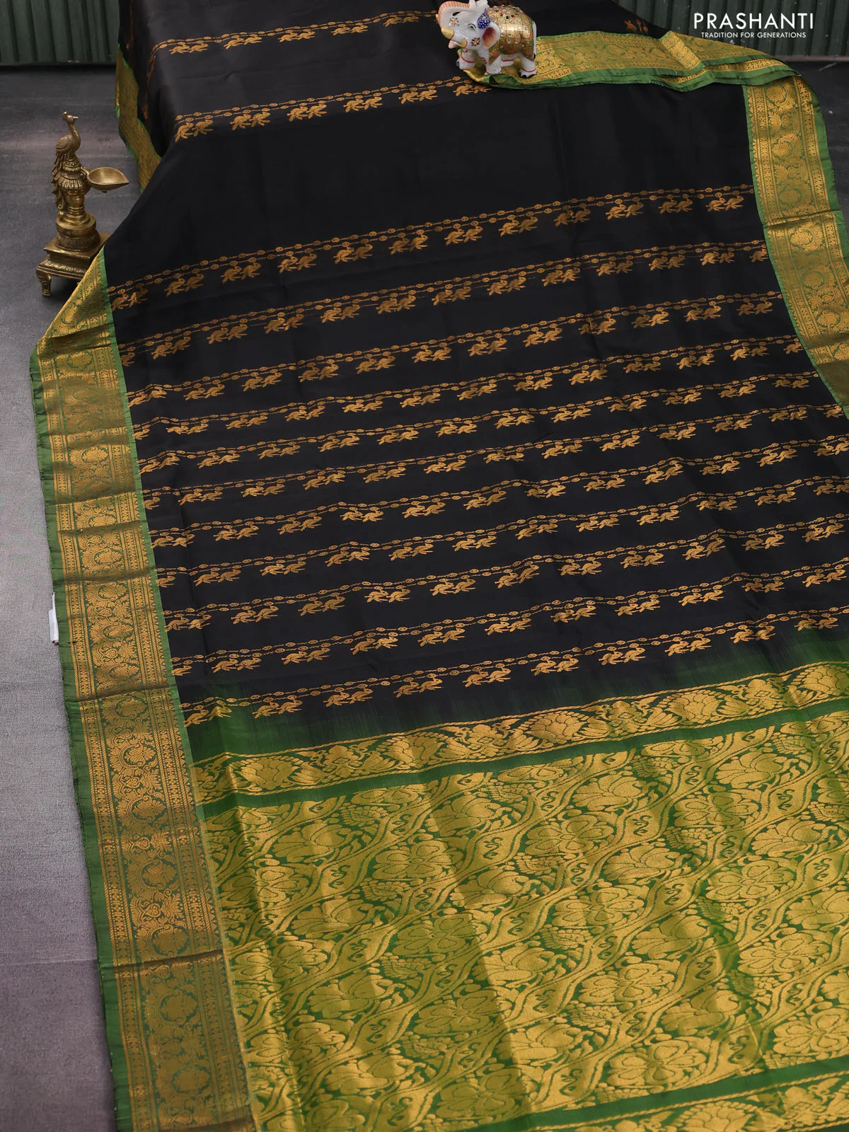 Pure uppada silk saree black and green with allover zari weaves and zari woven border - Image 2