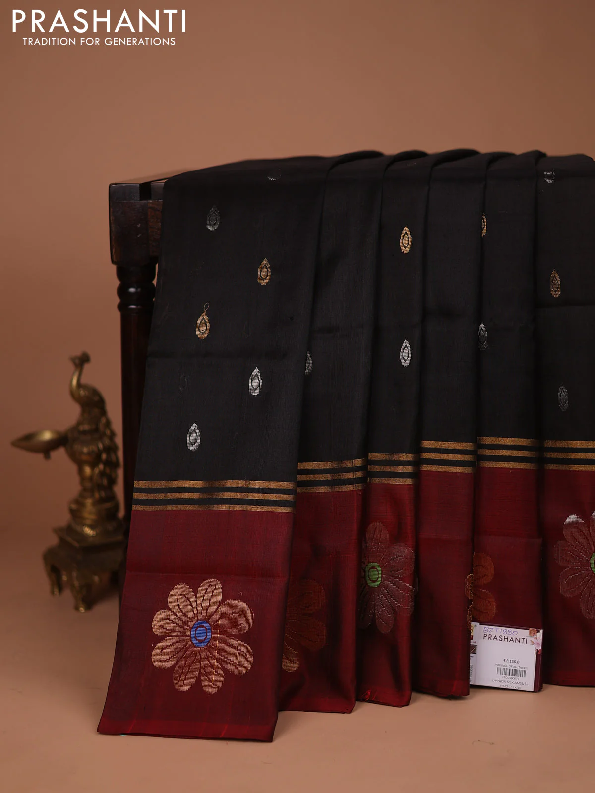 Pure uppada silk saree black and maroon with silver zari woven buttas and floral design zari woven butta border