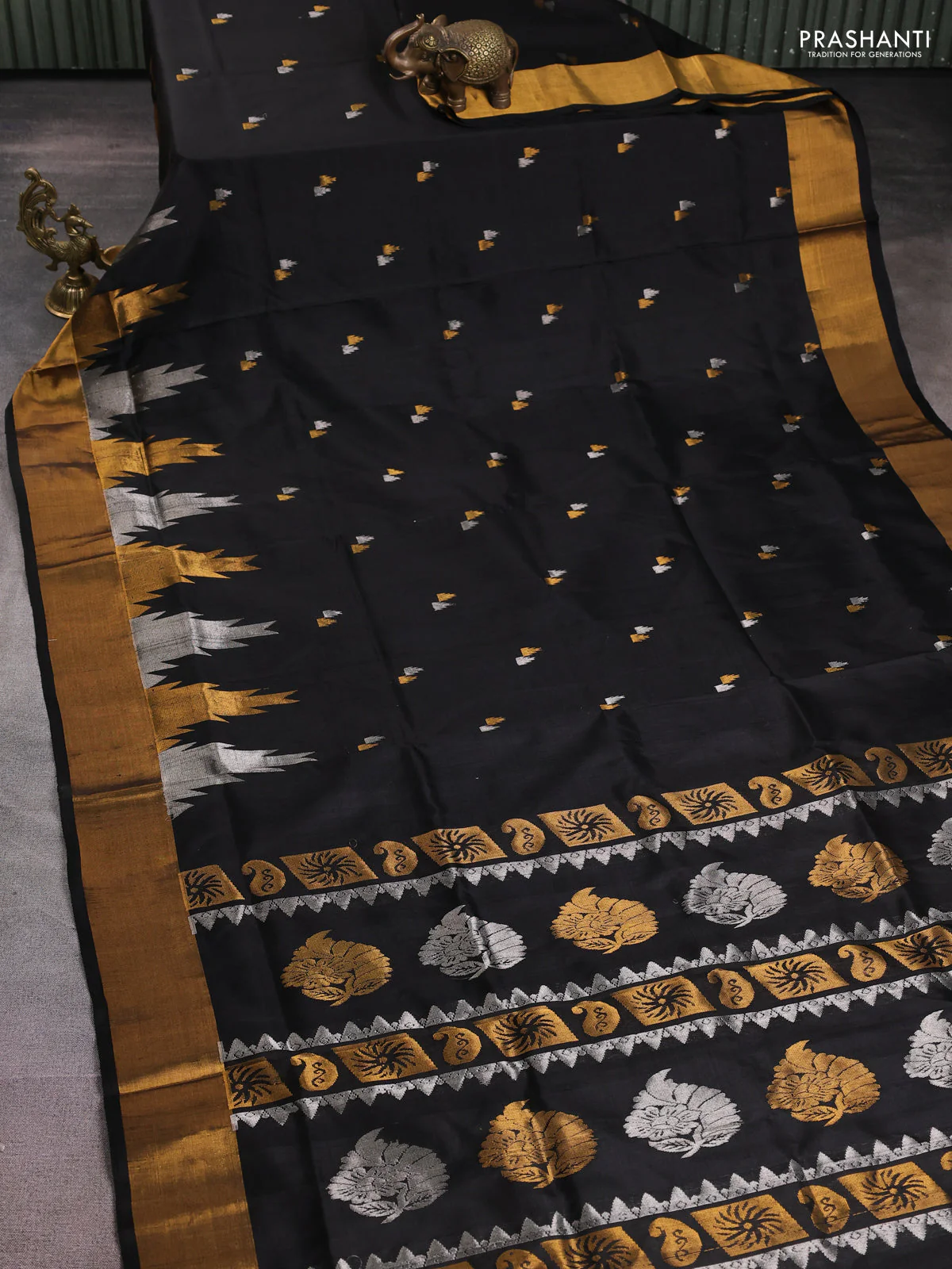 Pure uppada silk saree black with silver & gold zari woven temple buttas and zari woven border - Image 2