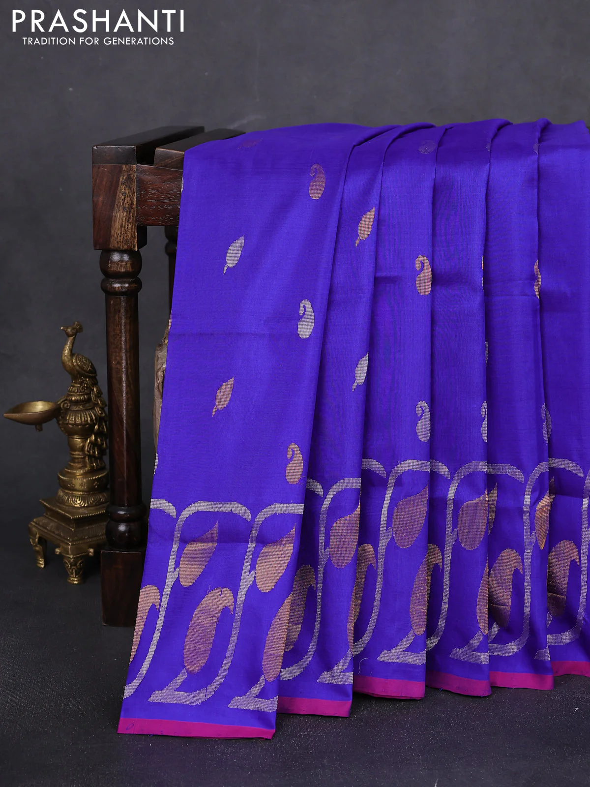 Pure uppada silk saree blue and pink with zari woven paisley buttas and zari woven border